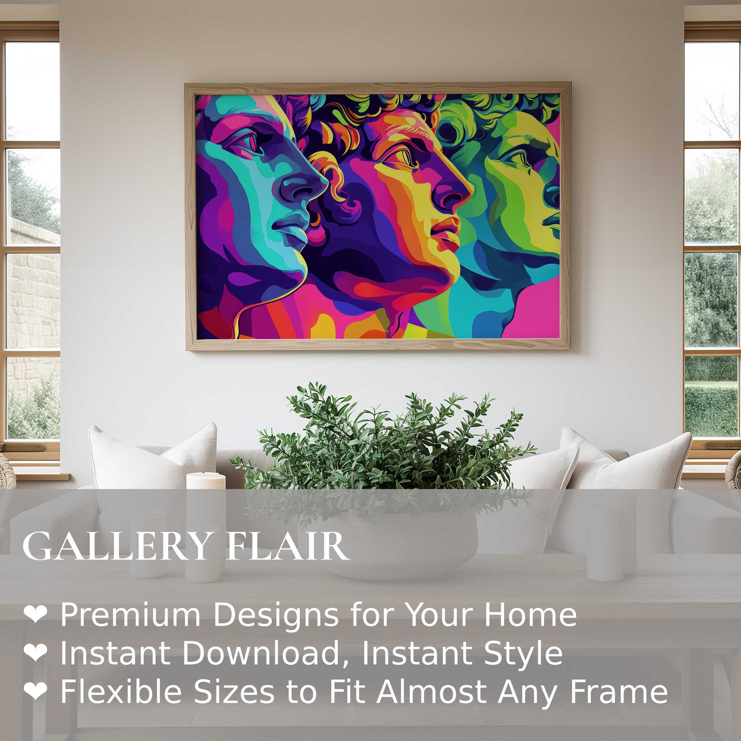 Vibrant pop art wall art print featuring bold, multicolored classical busts in a sleek, modern living space, energizing contemporary interiors