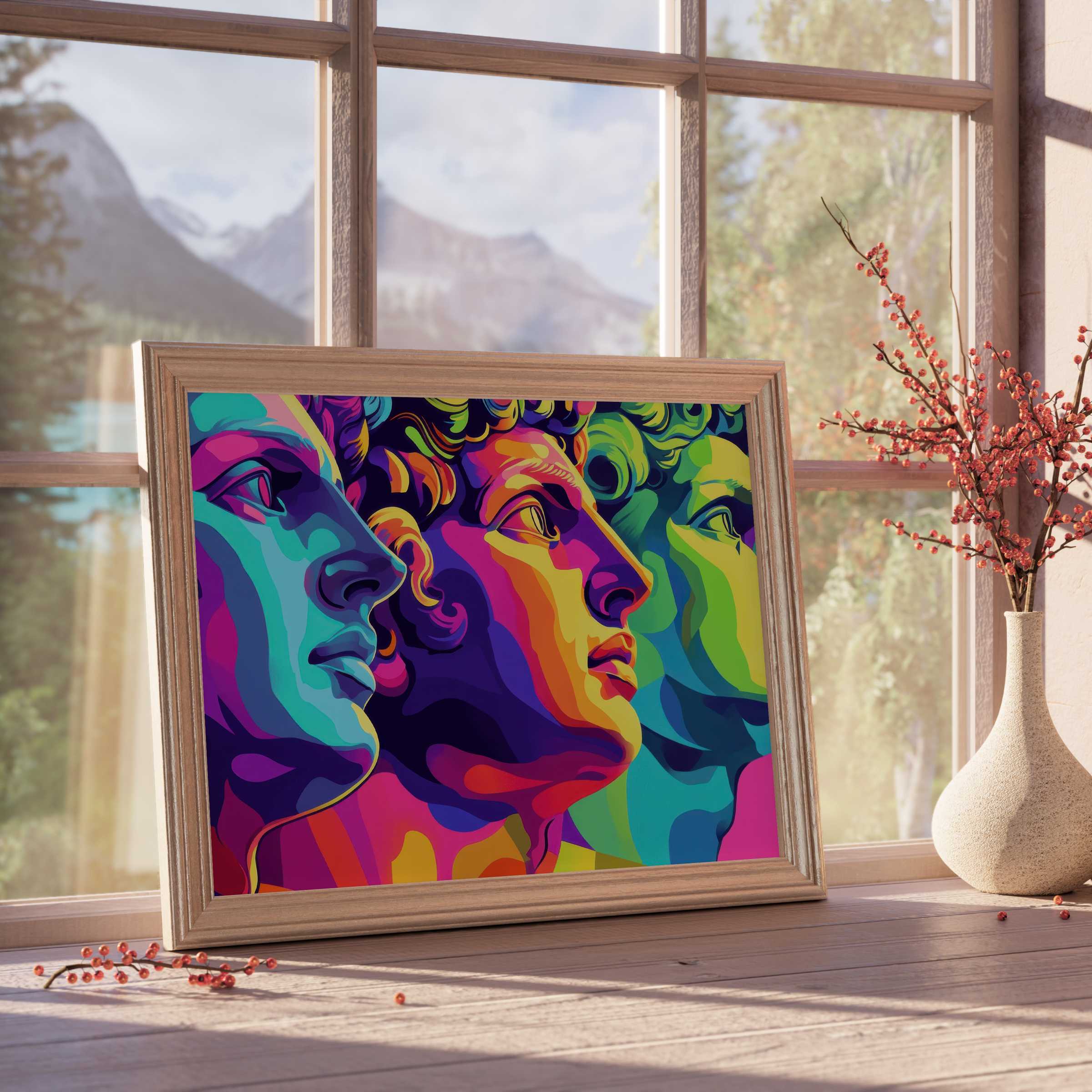 Vibrant pop art downloadable art featuring bold, multicolor classical profiles, elevating curated, modern interiors with dynamic elegance and artistic flair