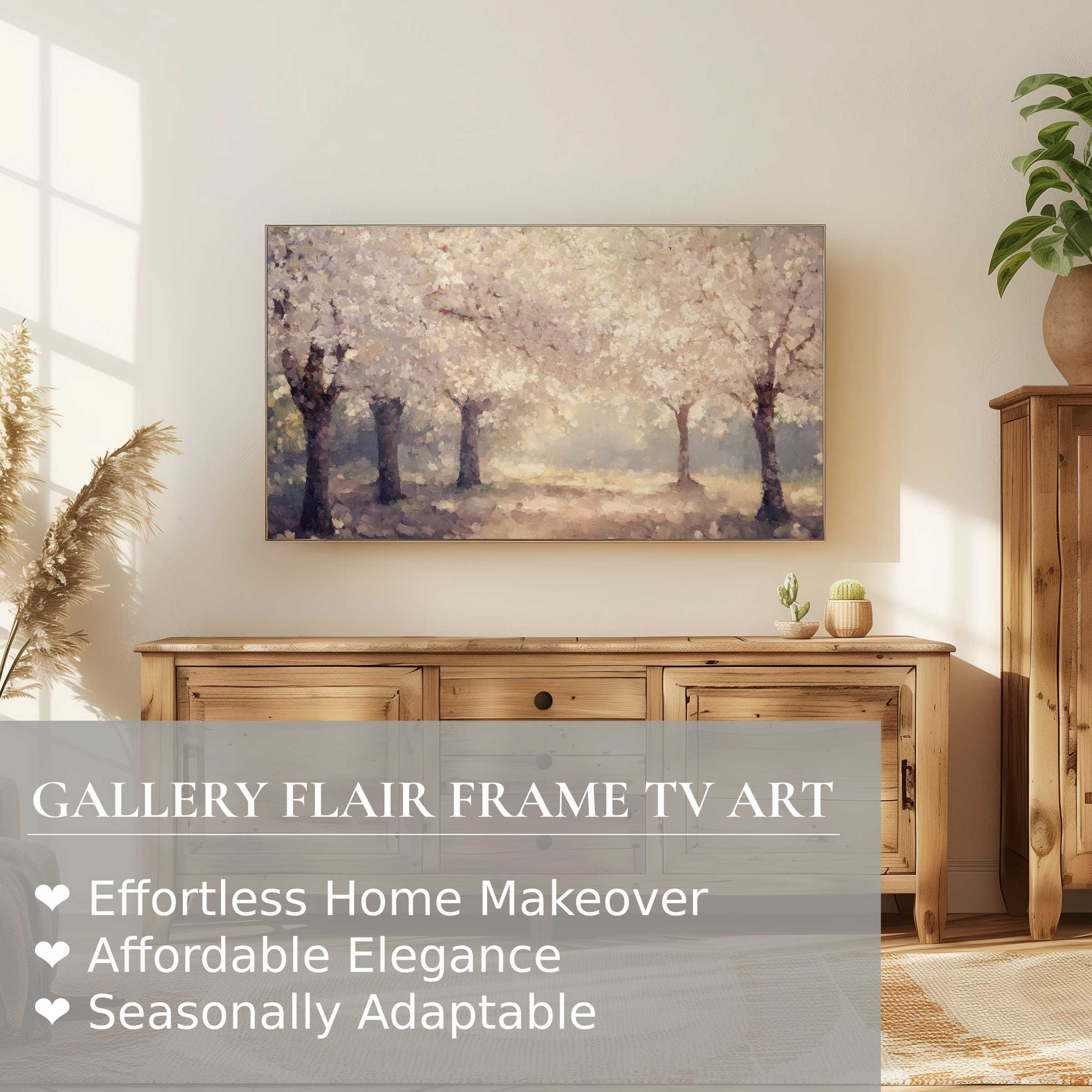 Samsung Frame TV displaying soft summer digital artwork of blooming trees, enhancing elegant, modern home decor