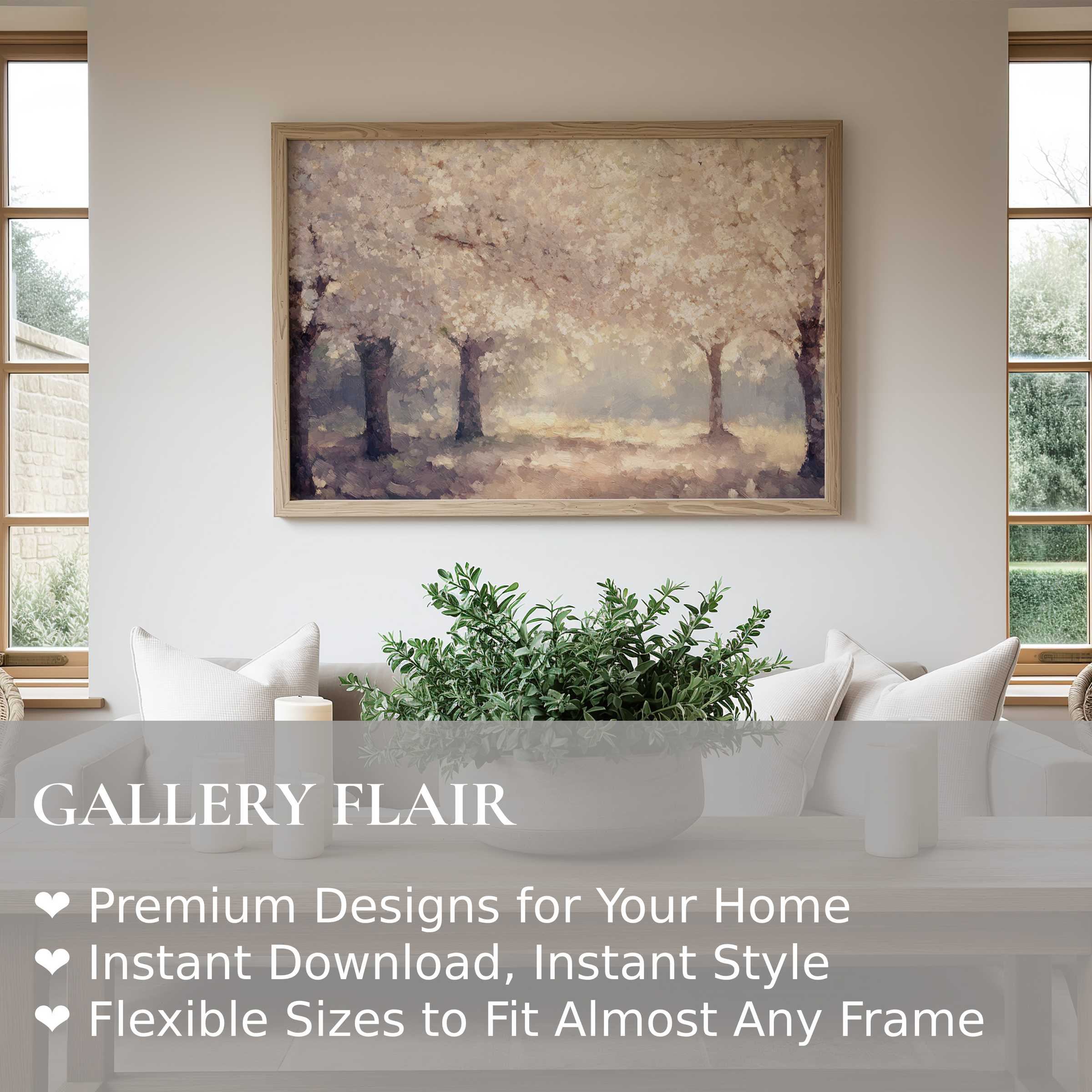 Soft, radiant summer wall art print capturing blooming trees in a serene, modern living room with natural light and calming neutrals
