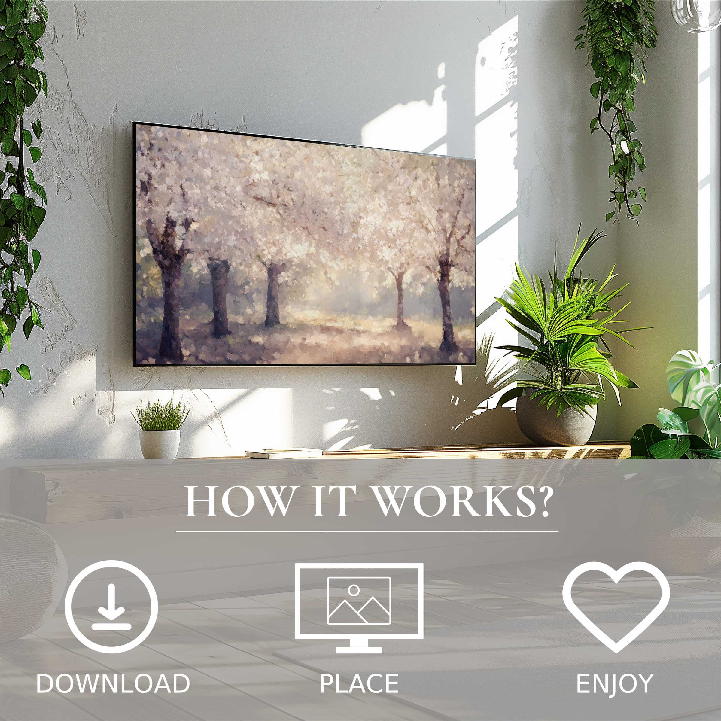 Summer art for Samsung TV shows soft sunset tones with blooming trees; simple digital download enriches modern living spaces