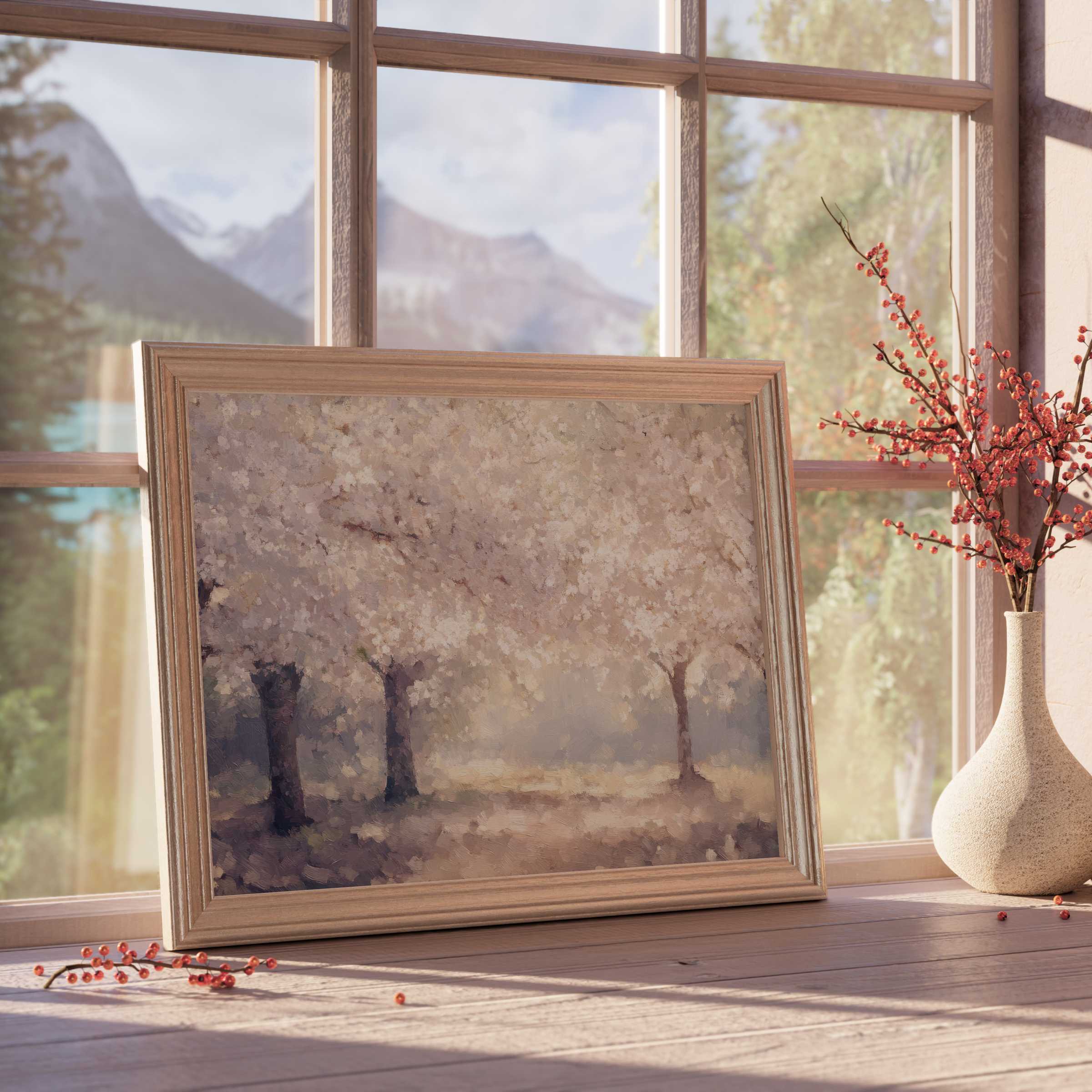 Summer downloadable art capturing a serene orchard bathed in soft sunlight, enriching elegant, tranquil interiors with timeless warmth