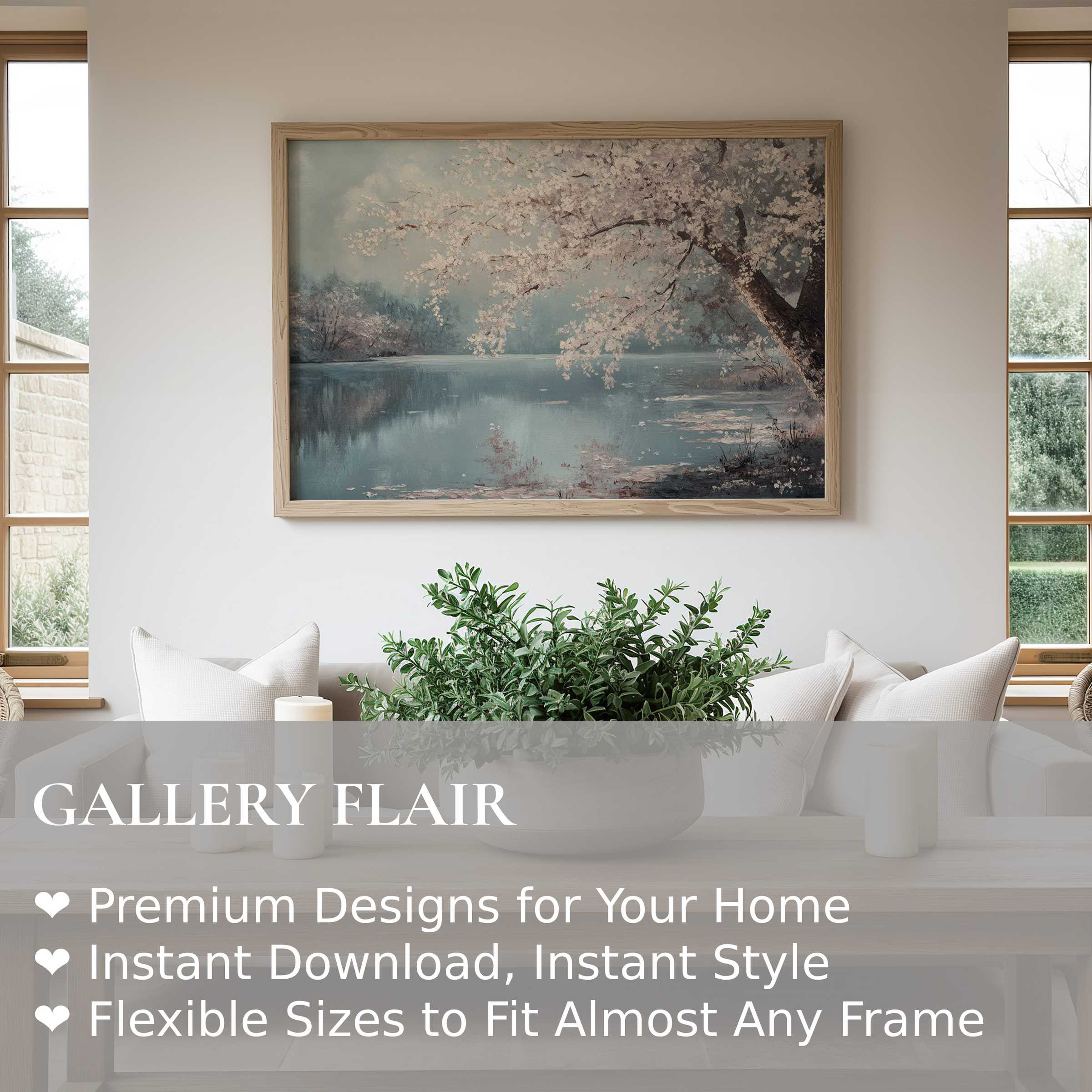 Serene landscape wall art print featuring soft pastel cherry blossoms and tranquil water, elevating modern minimalist interiors
