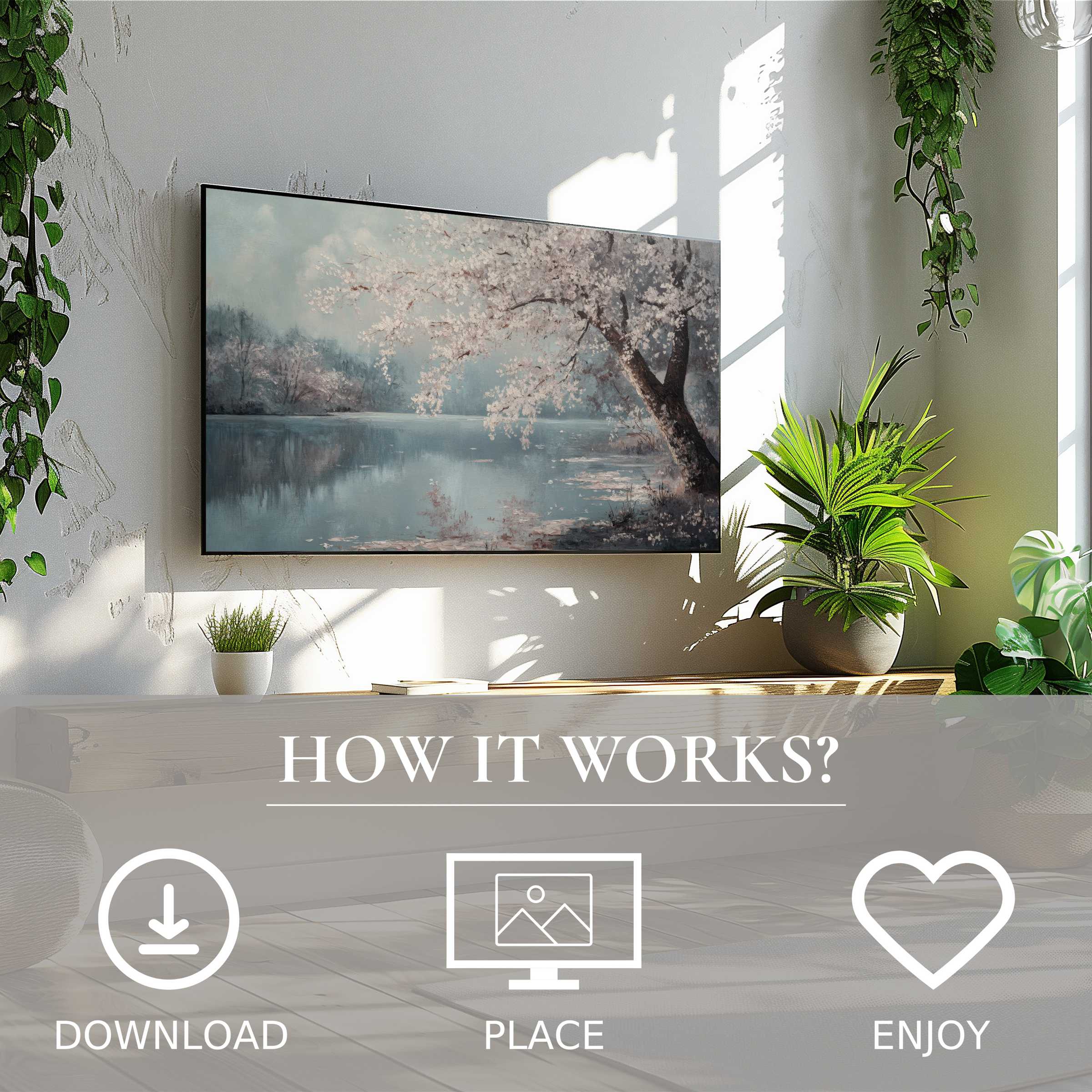Modern living room with landscape art for Samsung TV, soft pastel lake scene, easy digital download, instantly enriches space