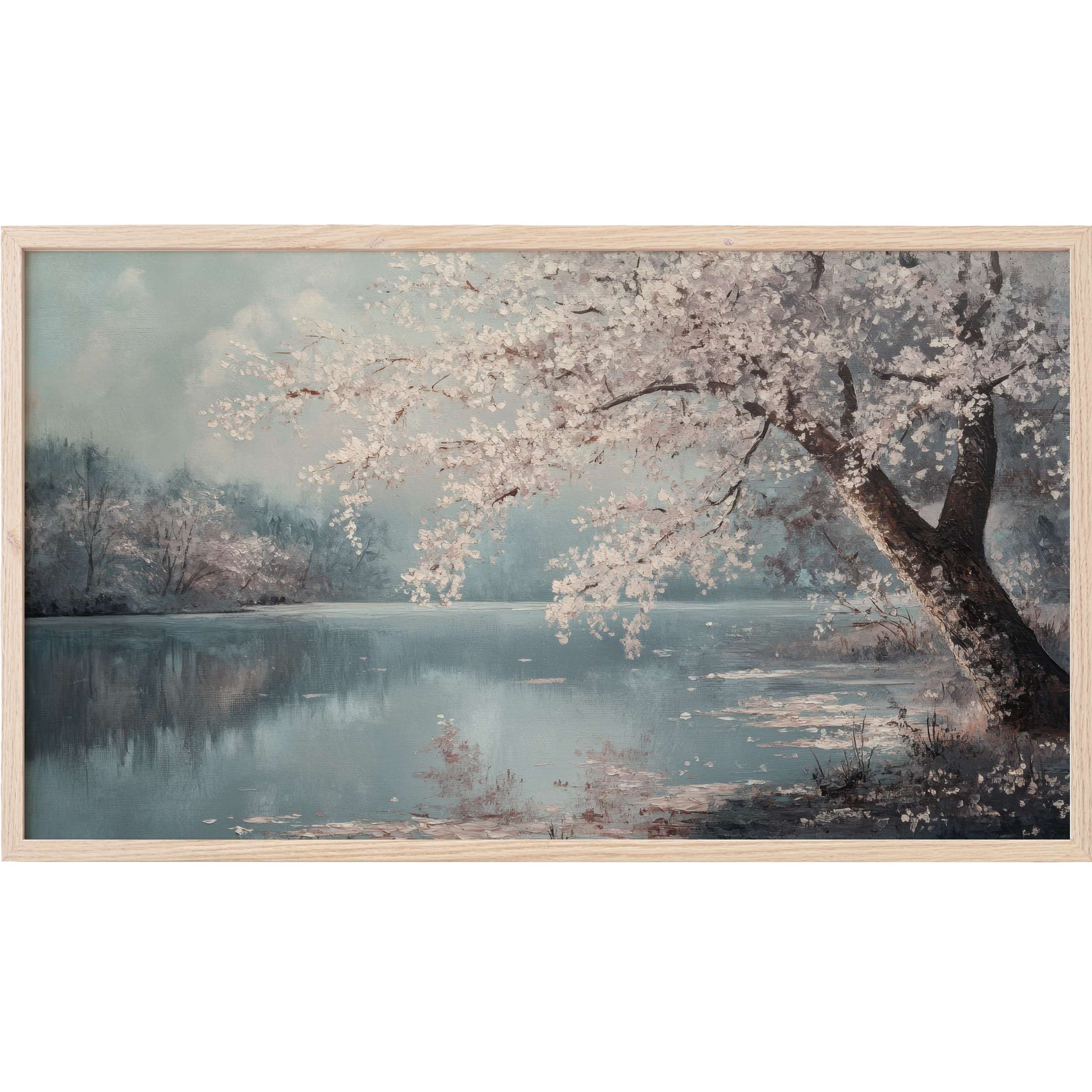 Serene lakeside bloom in soft blues and muted pinks, a tranquil impressionist landscape Frame TV Art
