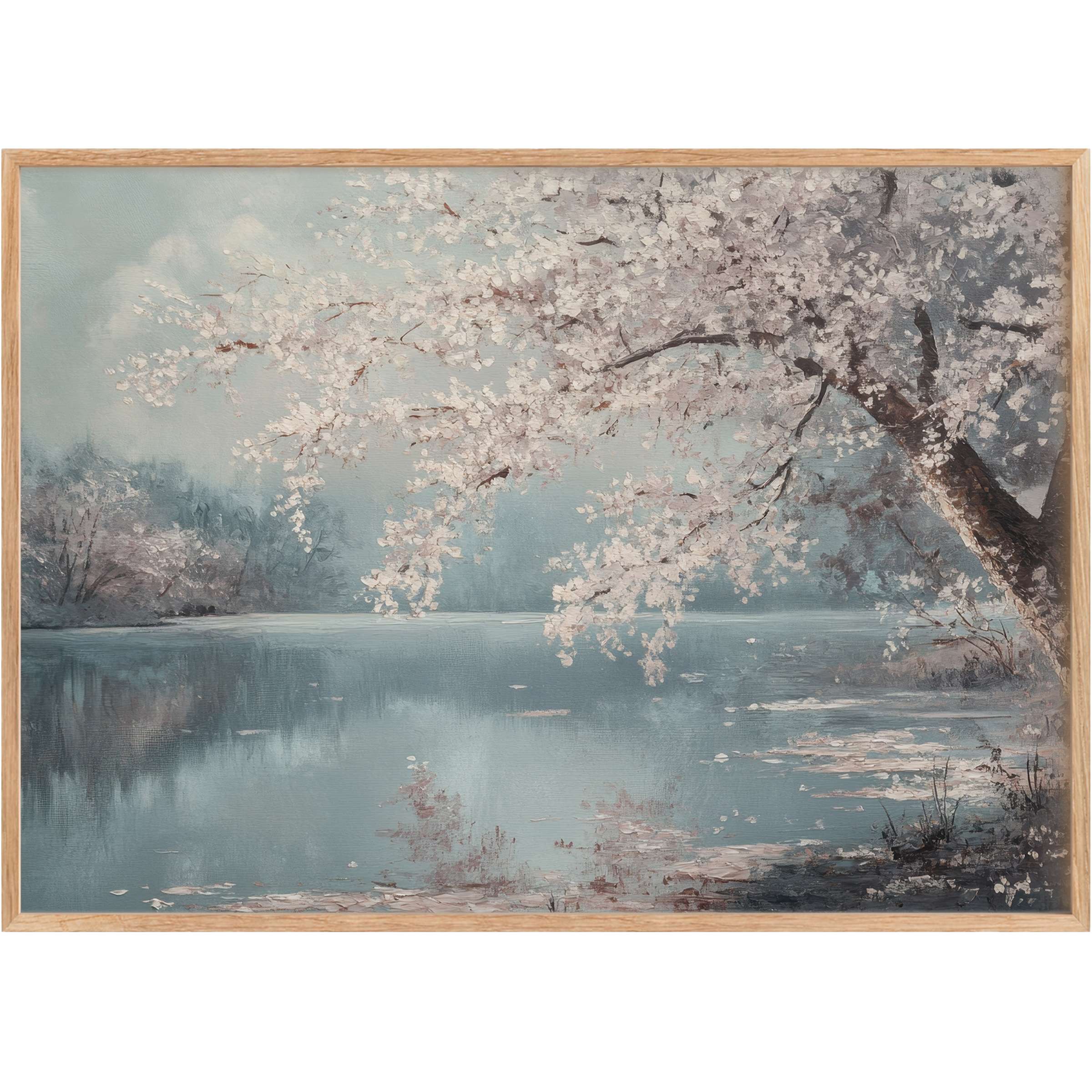 Soft blossoms in muted blues and gentle whites create a calming, elegant mood in this landscape printable wall art