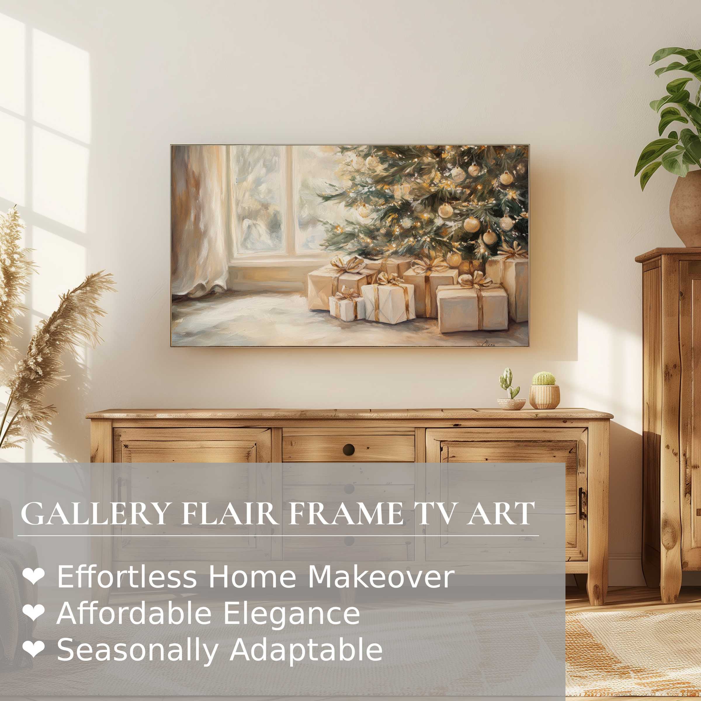 Samsung Frame TV displays warm, elegant christmas digital artwork in a modern, minimalistic living room setting