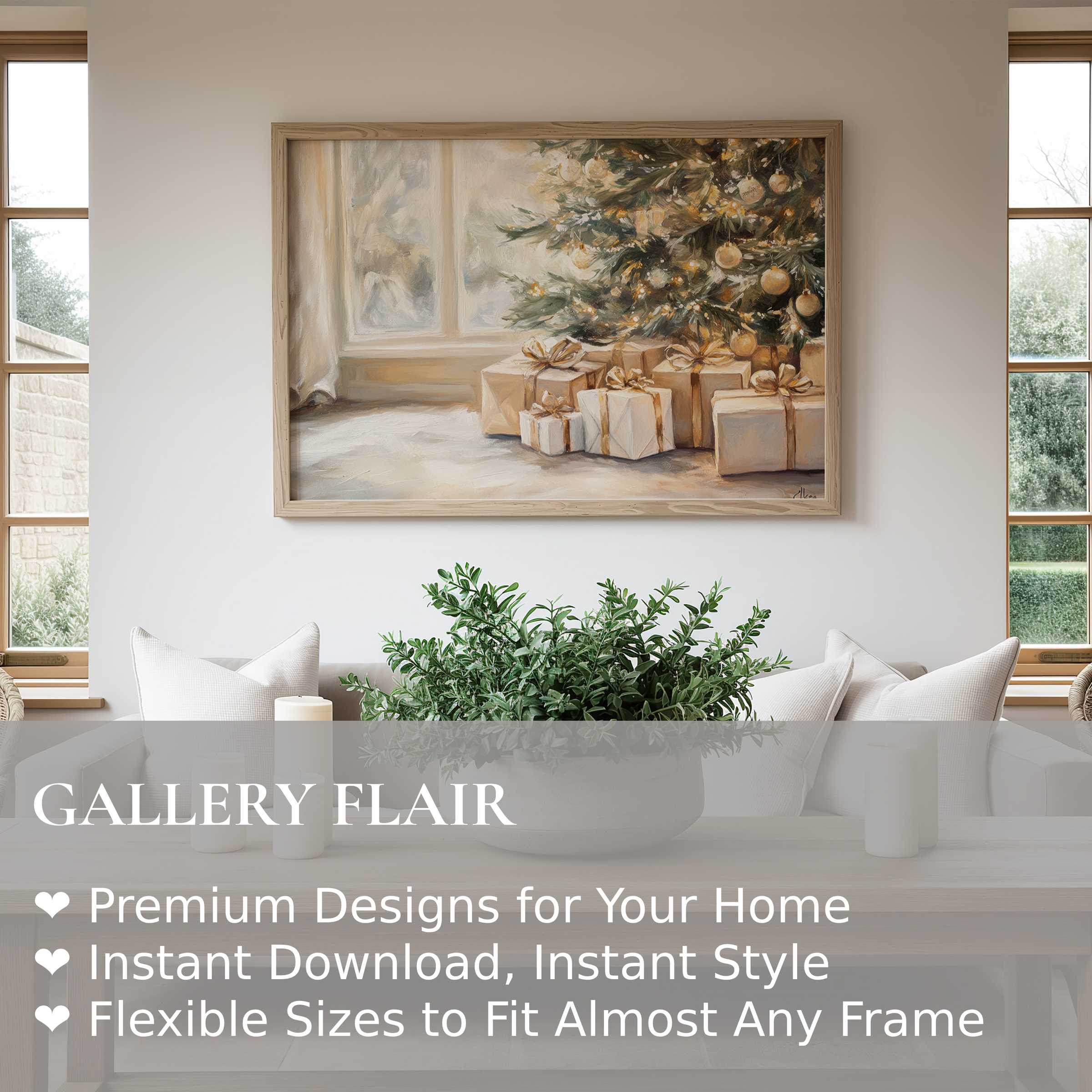 Christmas wall art print featuring a radiant, elegant tree with wrapped gifts, enhancing modern farmhouse interiors with warm festive charm