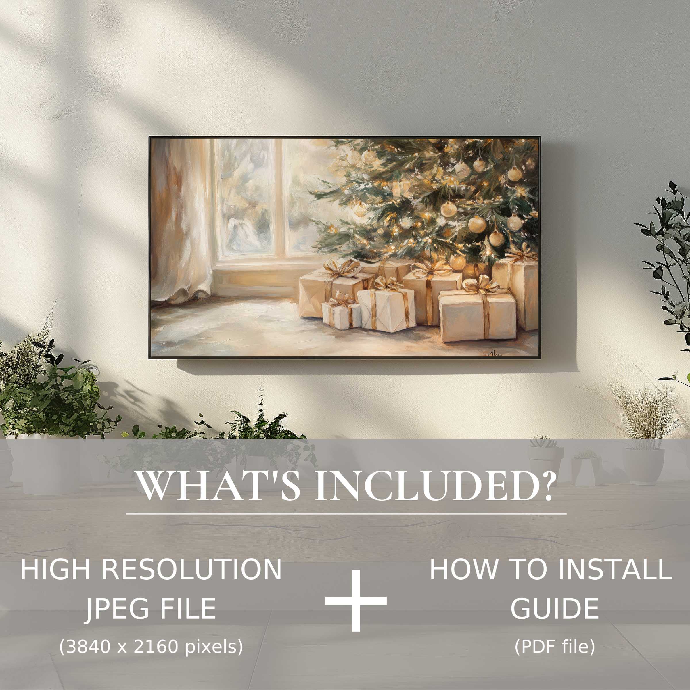 Elegant Christmas digital TV art download enhances your space with easy use, showcasing warm gifts by a festive tree