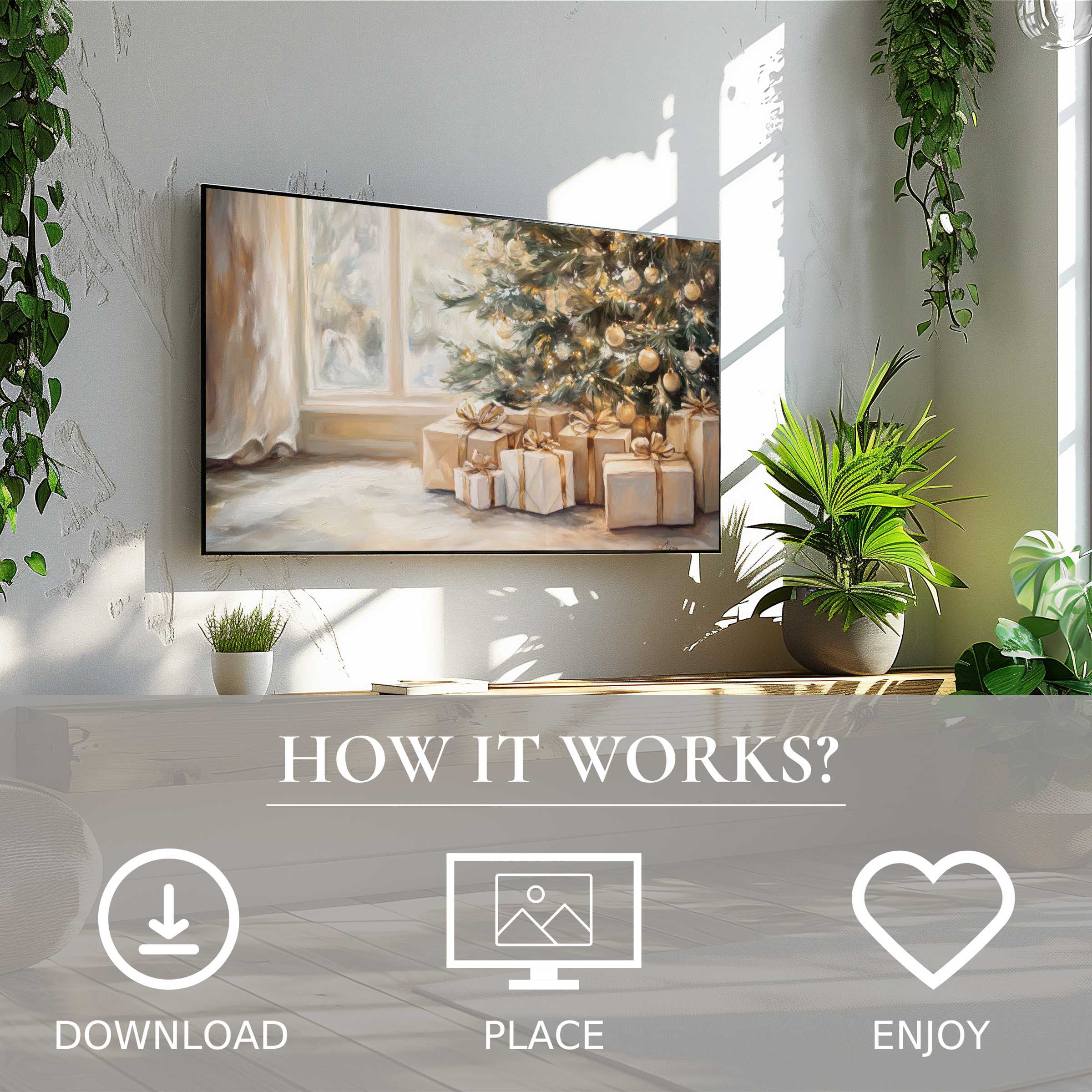 Modern living room with digital Christmas art for Samsung TV; soft warm tones enhance space, easy download and display