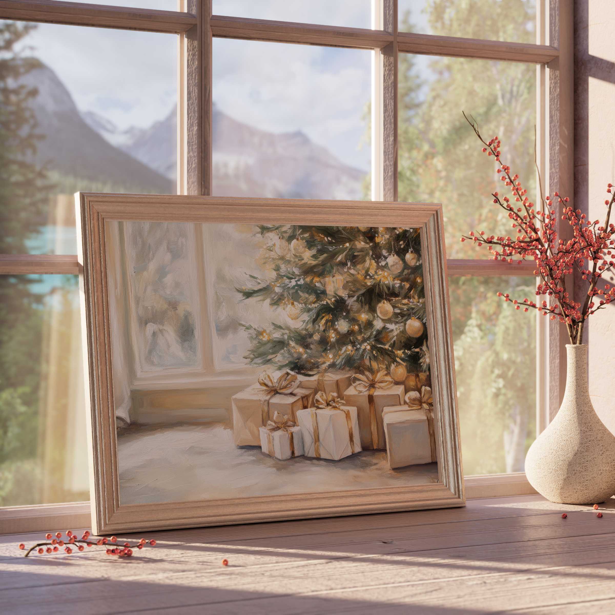 Christmas downloadable art capturing serene elegance with soft golds and greens, enhancing curated, tranquil holiday interiors