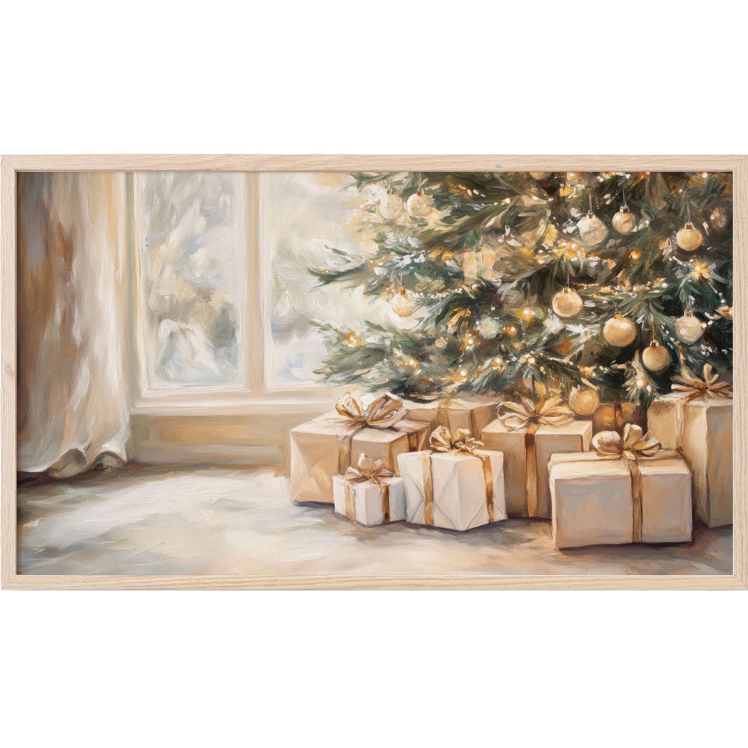 Elegant christmas Frame TV Art featuring soft gold and cream gifts under a glowing tree in a serene, painterly style