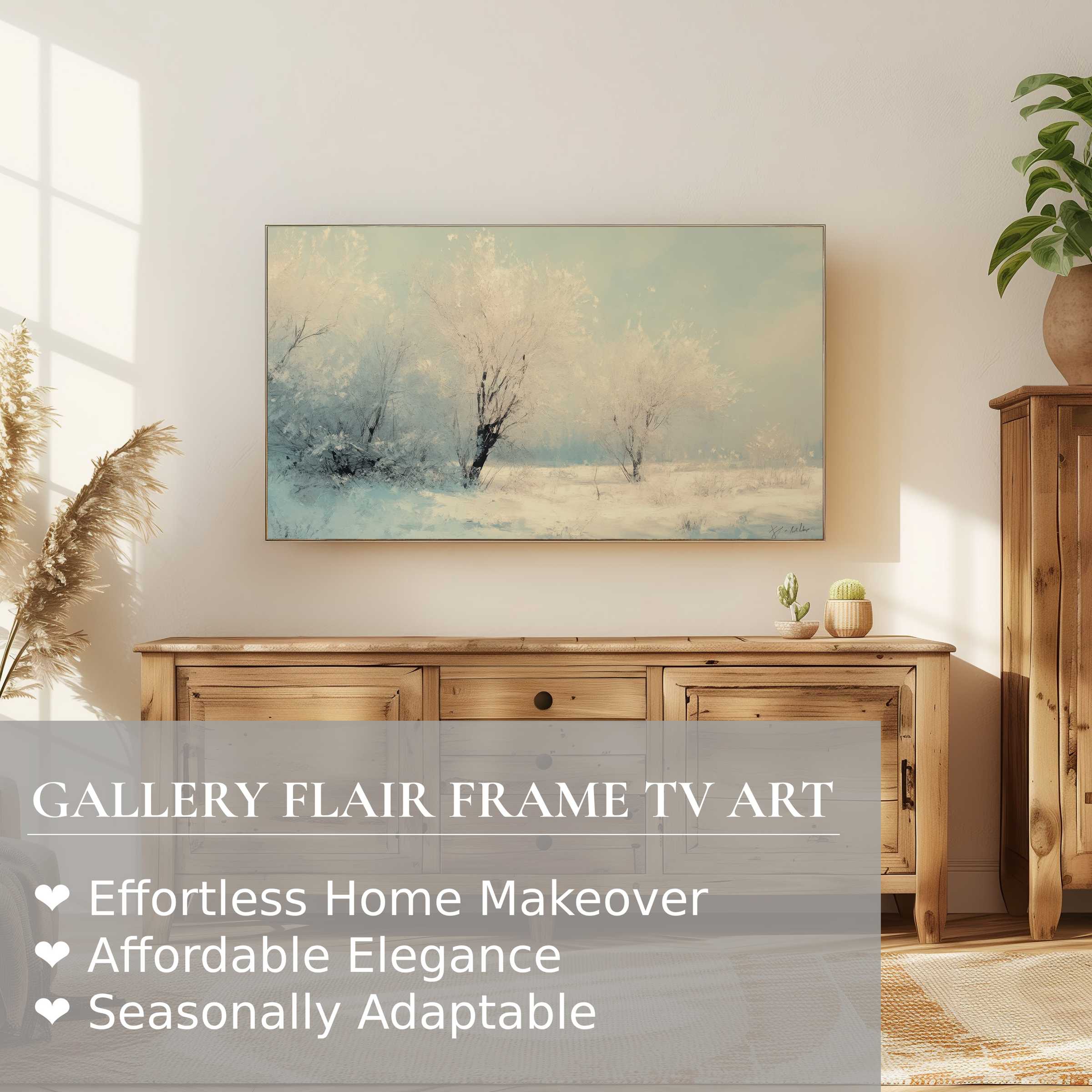 Samsung Frame TV displays serene winter digital artwork in a light-filled, modern room with natural wooden decor