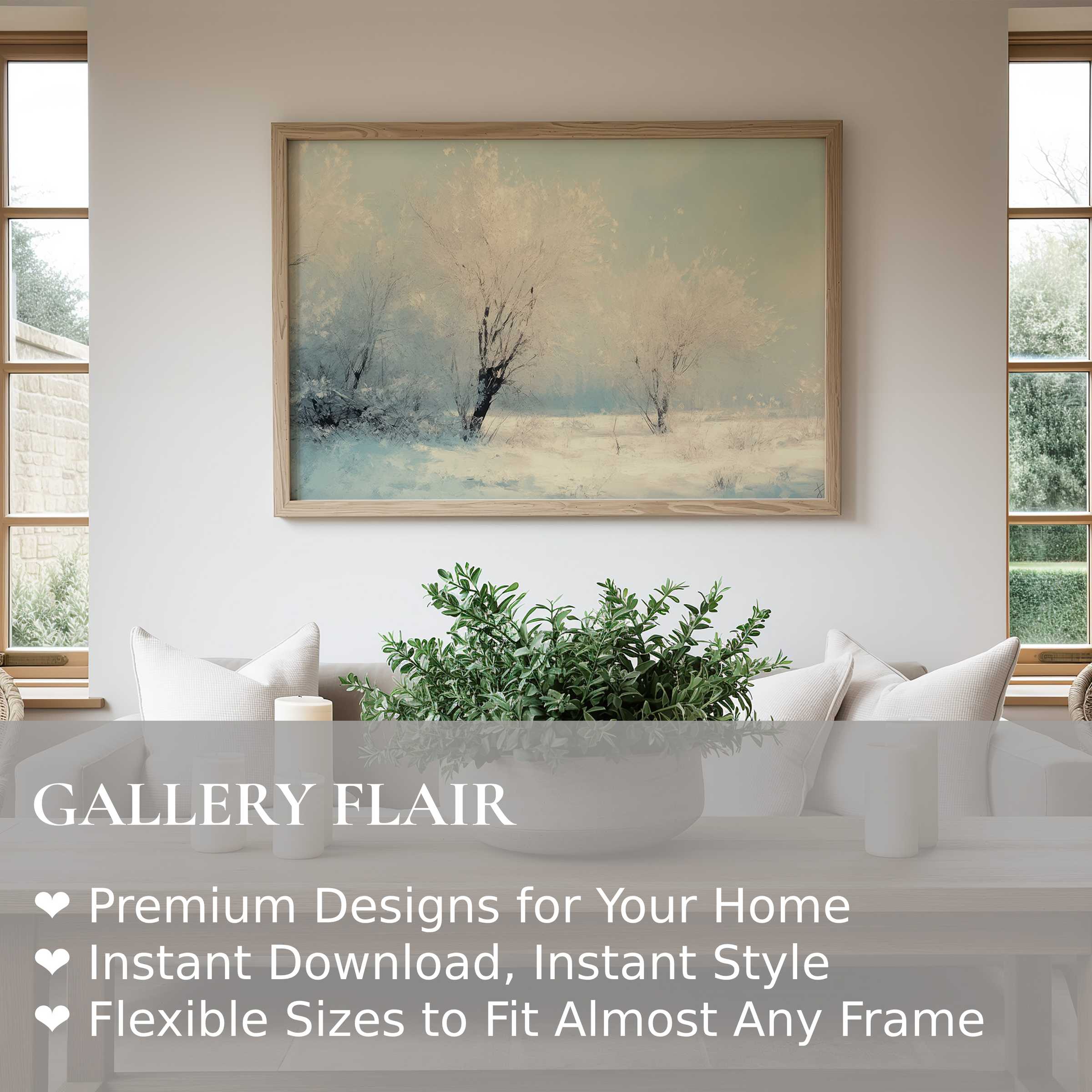 Winter wall art print featuring a serene snowy landscape with frosted trees, enhancing modern minimalist interiors with a soft, calming elegance