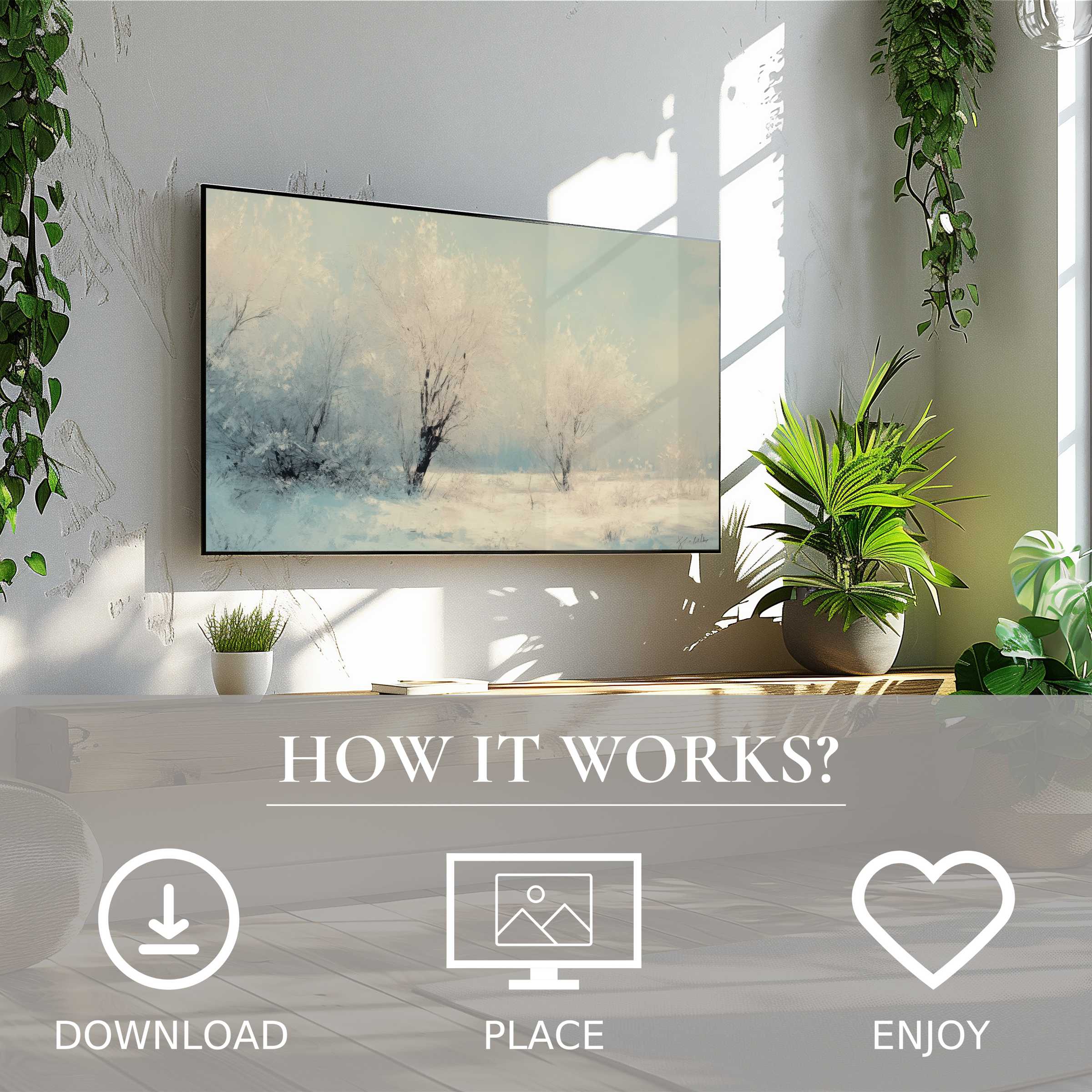 Winter art for Samsung TV shows soft snow-covered trees, easy digital download enhances modern living spaces