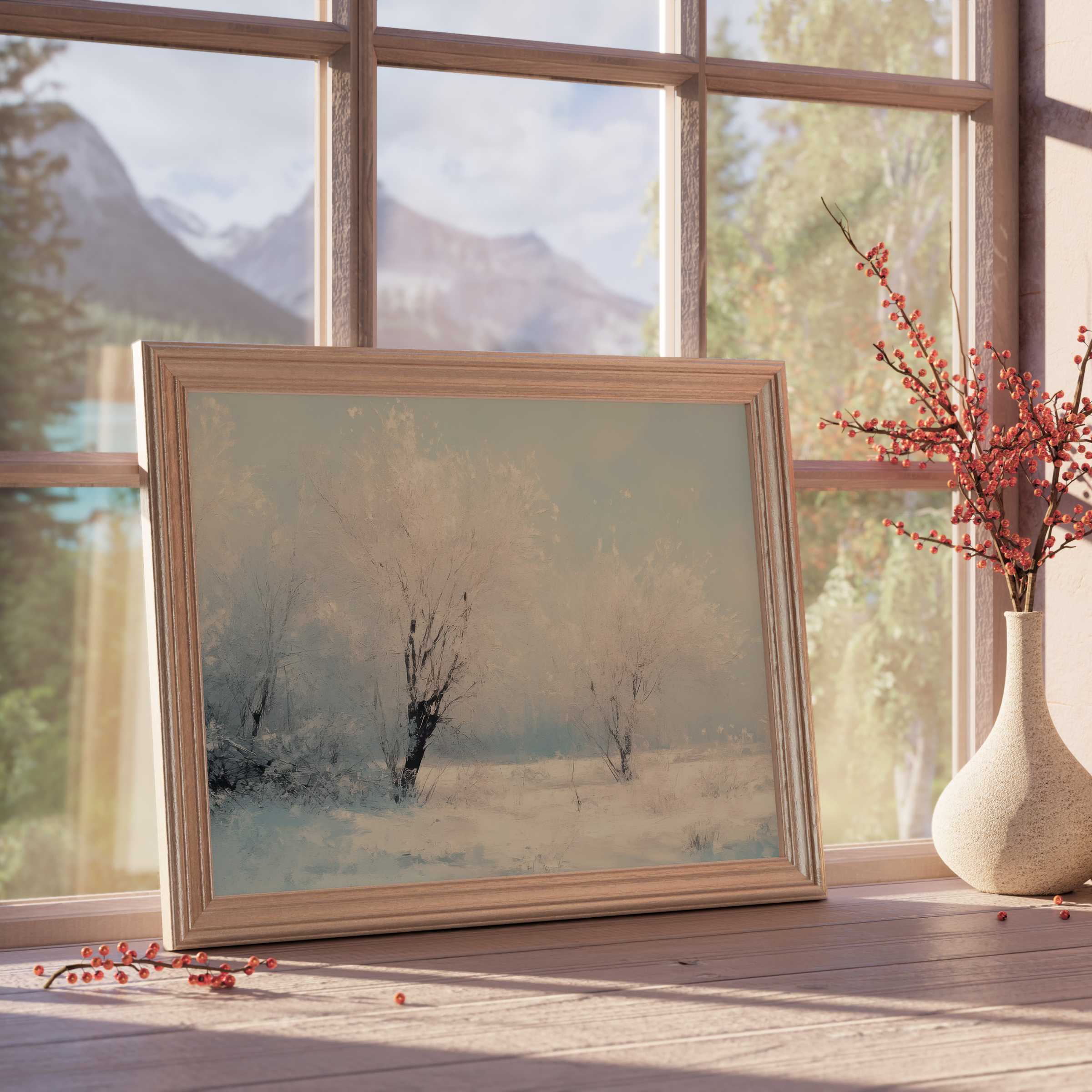 Winter downloadable art capturing serene snowy trees in soft hues, perfect for elevating tranquil, curated premium interiors