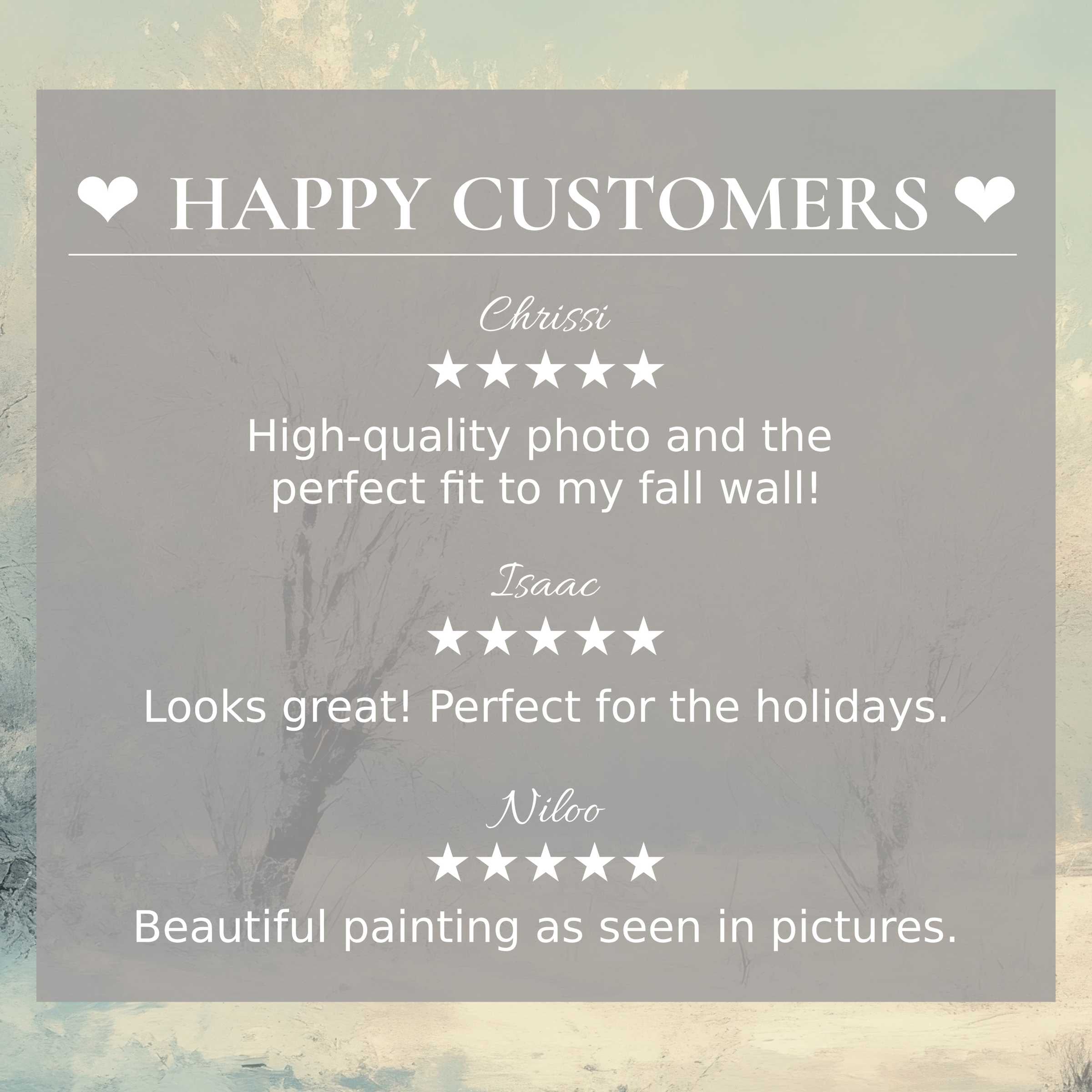 Trustworthy layout with happy customer reviews and muted winter art for Frame TV, featuring soft textured background hues