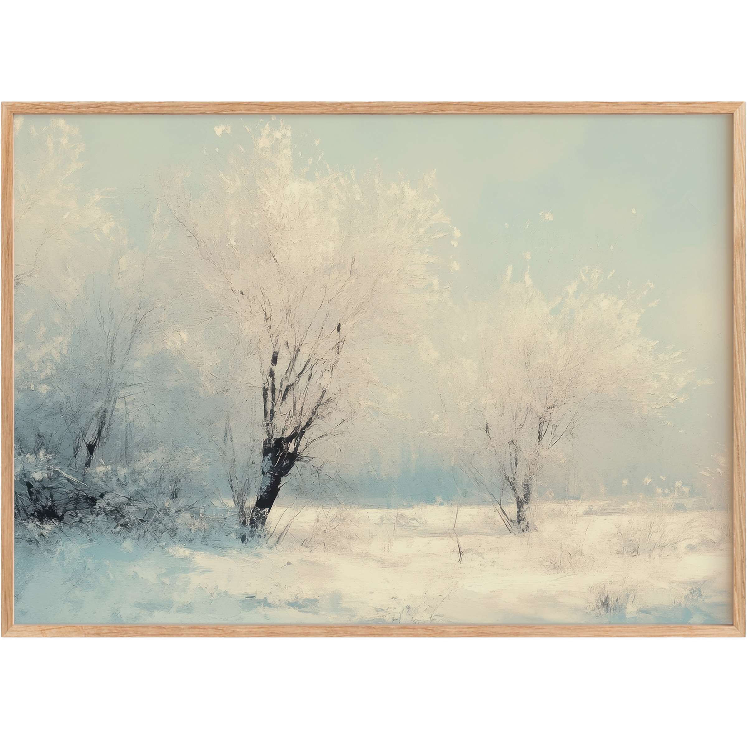 Ethereal winter printable wall art capturing soft frost-kissed trees in muted blues and creams, evoking serene elegance