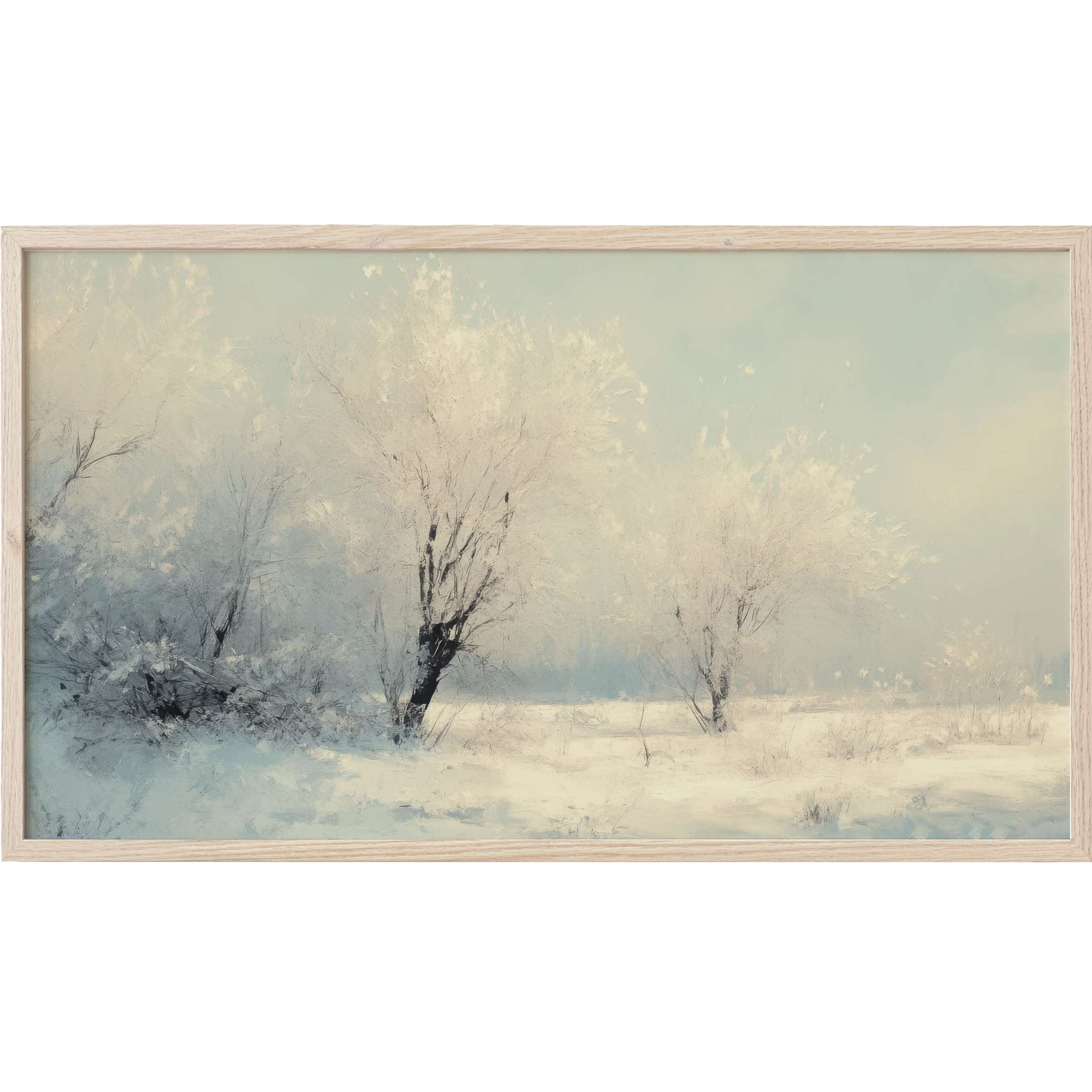 Elegant winter landscape in soft blues and creams with delicate trees, perfect winter Frame TV Art for refined spaces