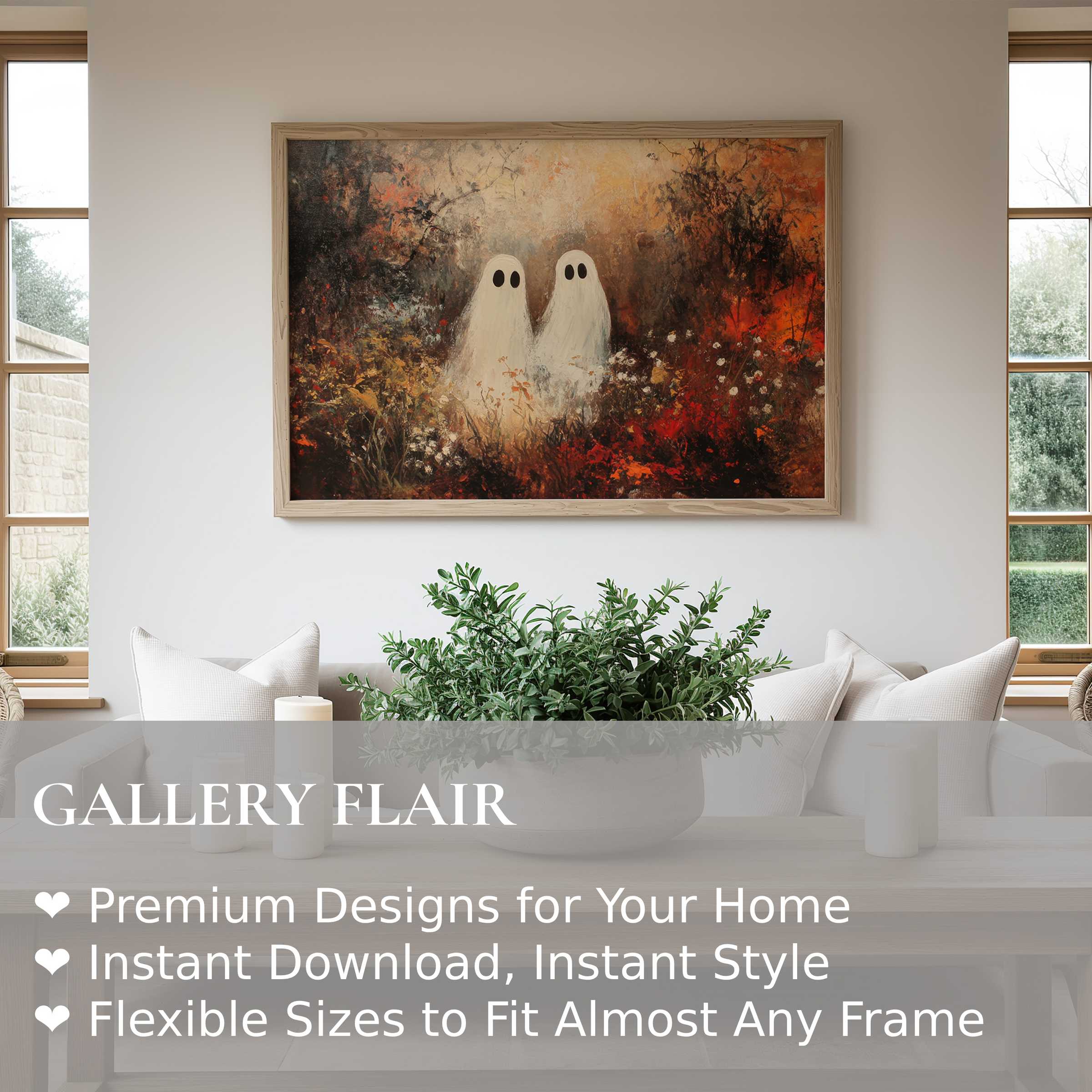 Whimsical halloween wall art print featuring ethereal ghost figures in bold autumn tones, enhancing modern farmhouse interiors with cozy charm