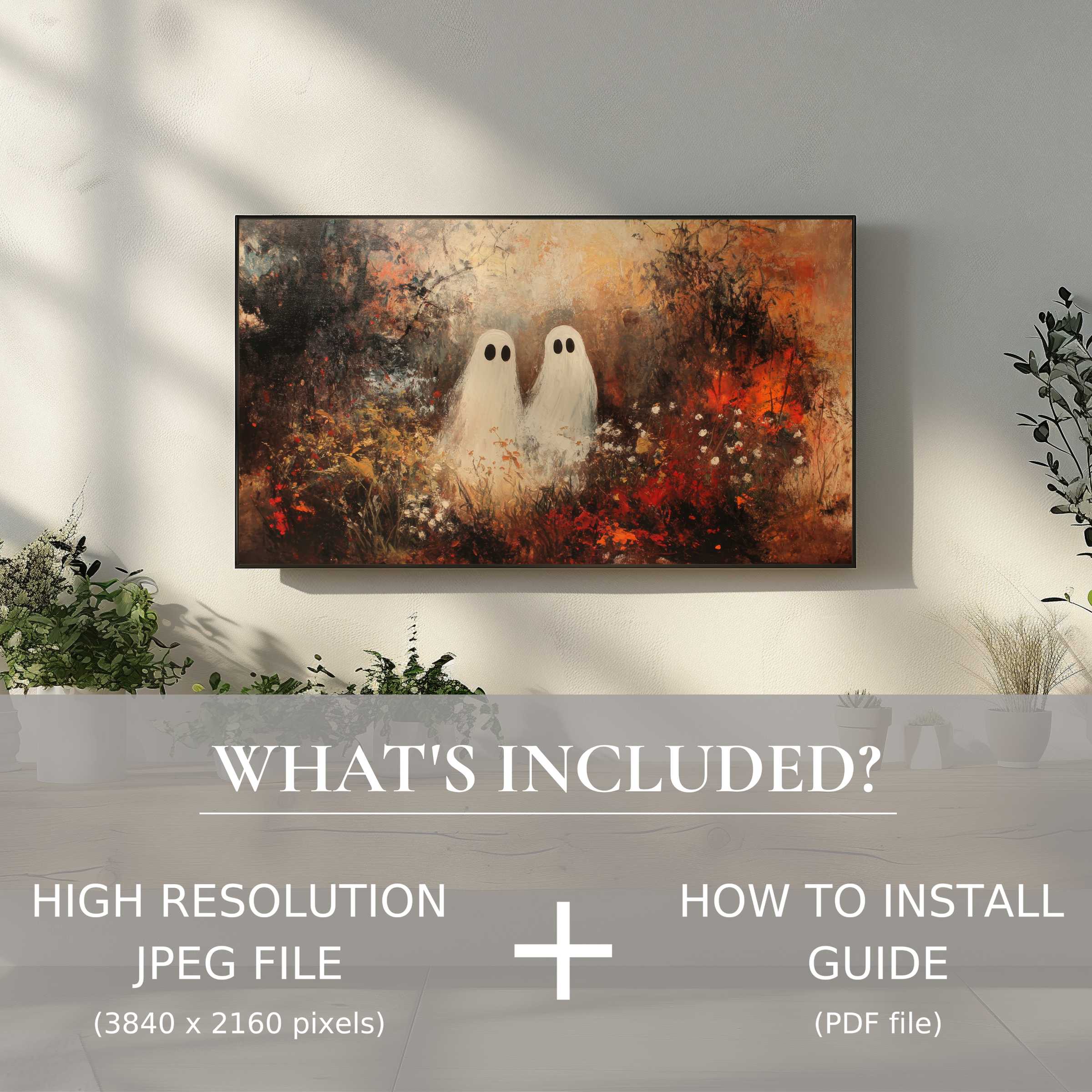 Elegant living space featuring Halloween digital TV art download with easy use, enriching ambiance with ghostly charm