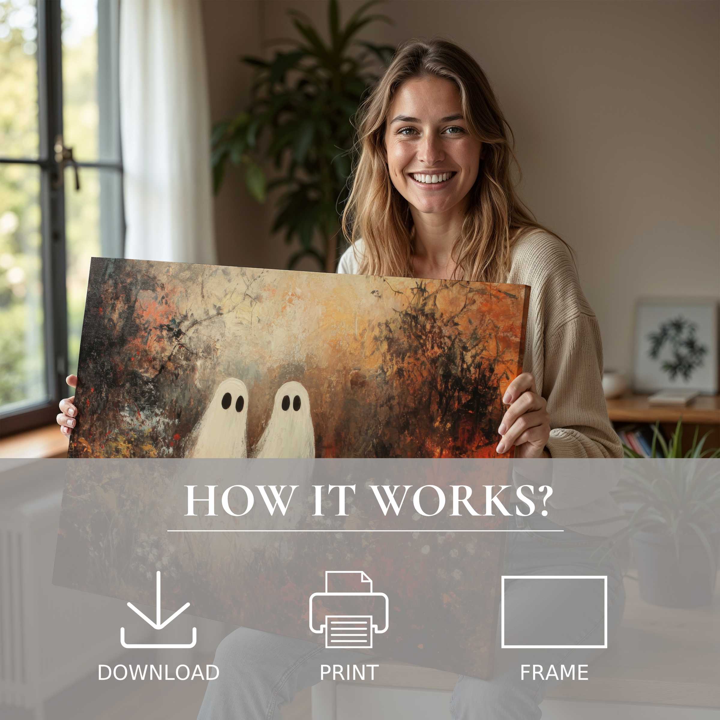 A serene moment of connection as a woman reveals a Halloween digital art print, enriching her modern home with warm, inviting hues