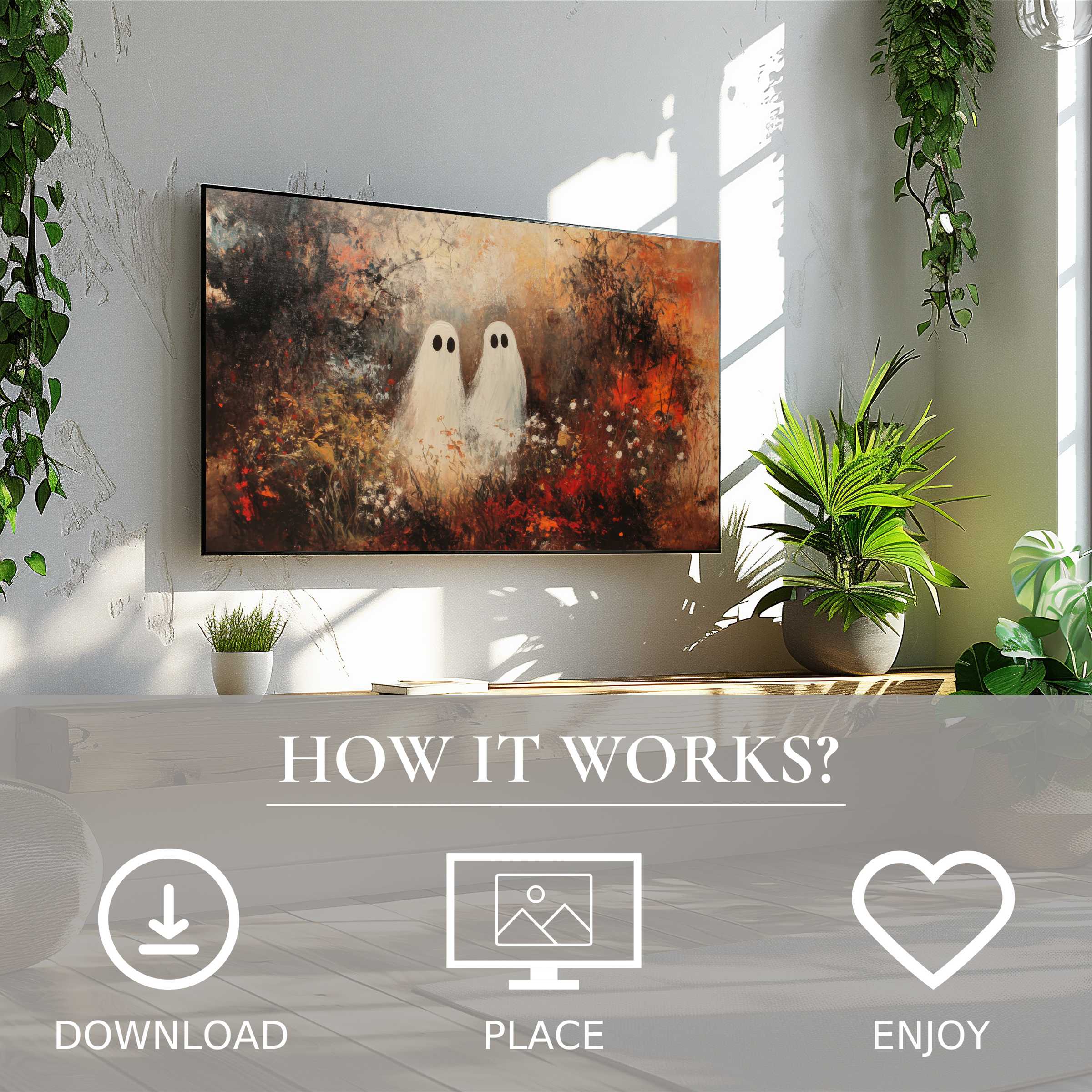 Halloween art for Samsung TV shows soft autumn hues with friendly ghosts, easy digital download enhances stylish living rooms