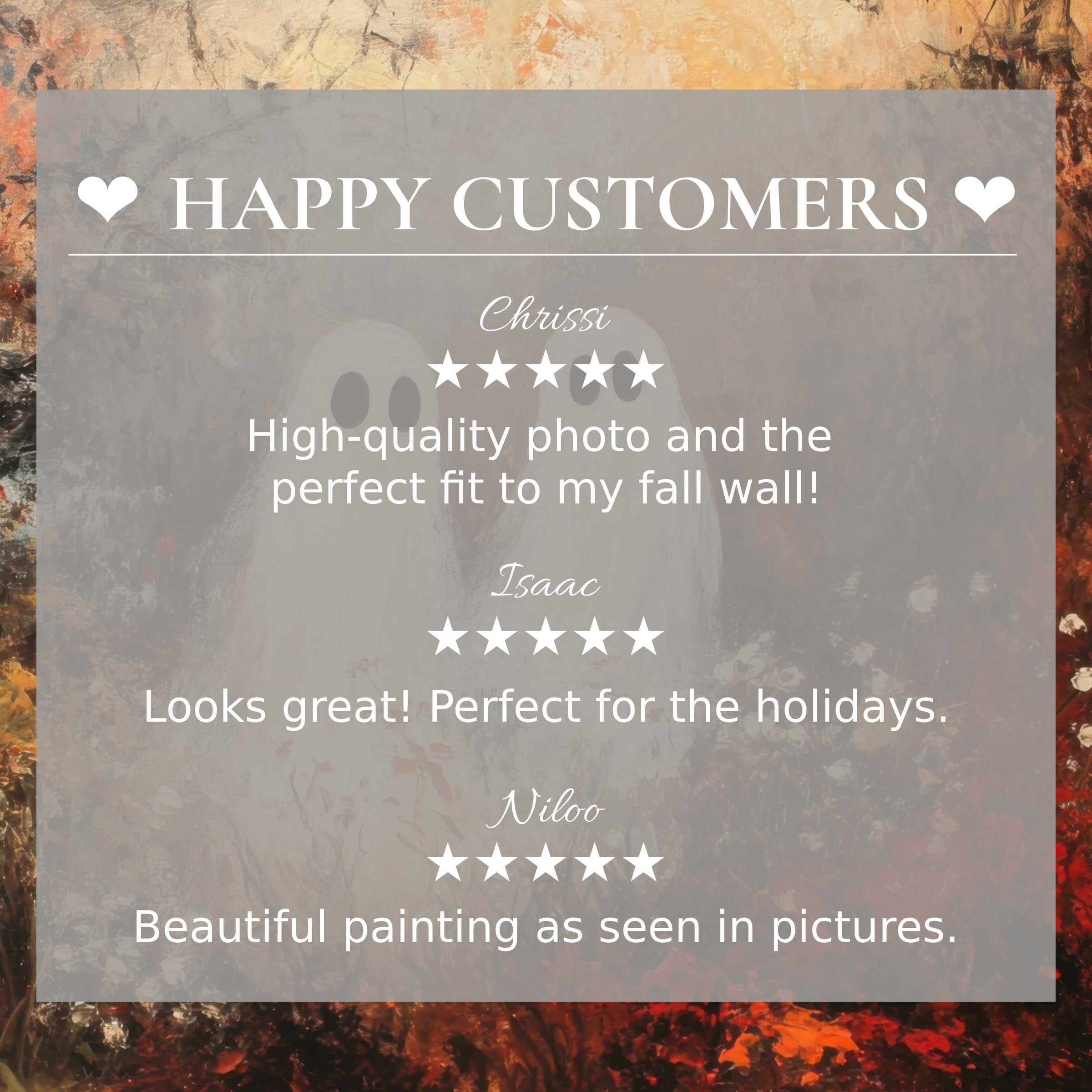 Halloween art for Frame TV with abstract sunset hues and happy customer reviews, showcasing elegance and trust