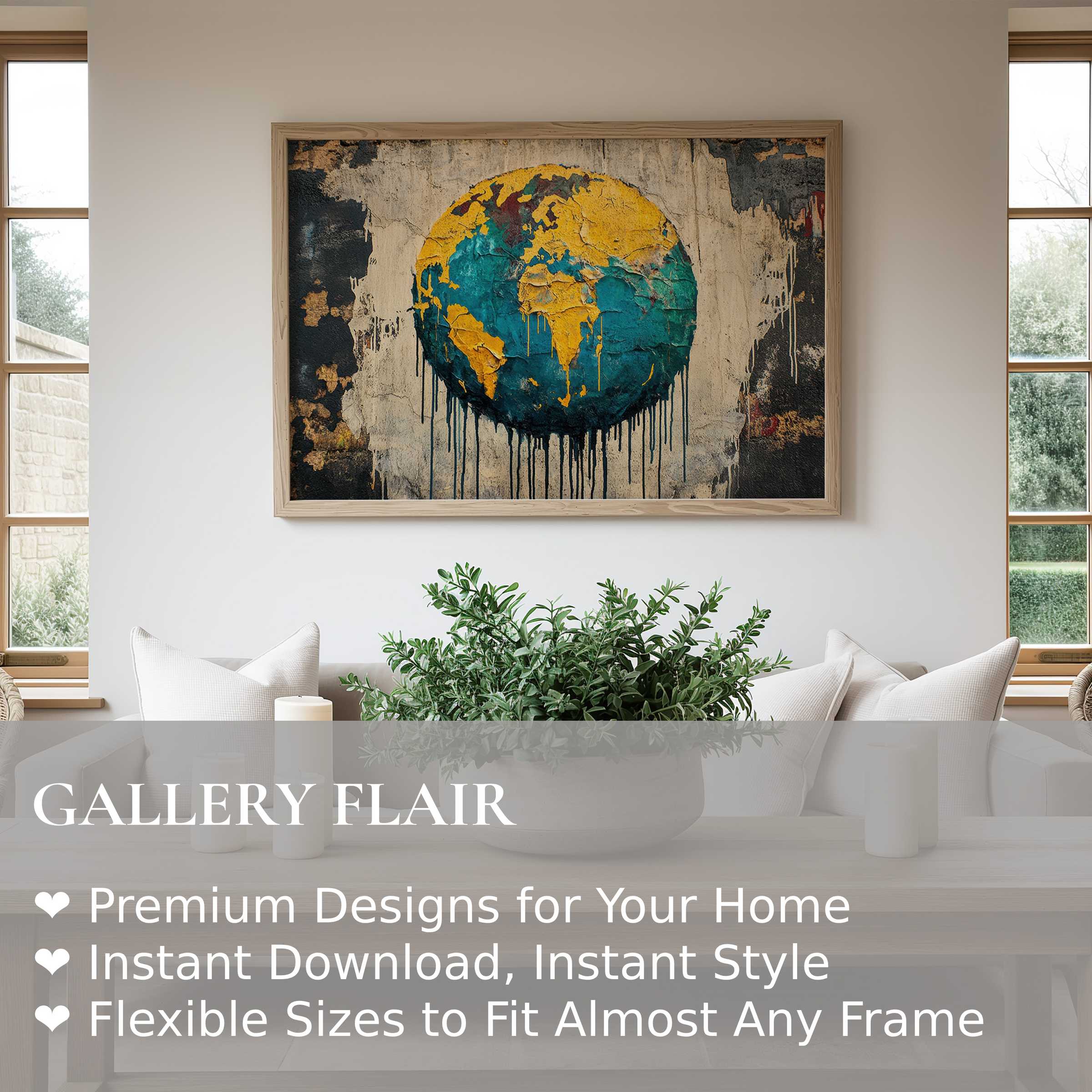 Bold street art wall art print featuring a textured globe with vibrant blues and yellows, enriching modern minimal interiors with urban edge and global flair