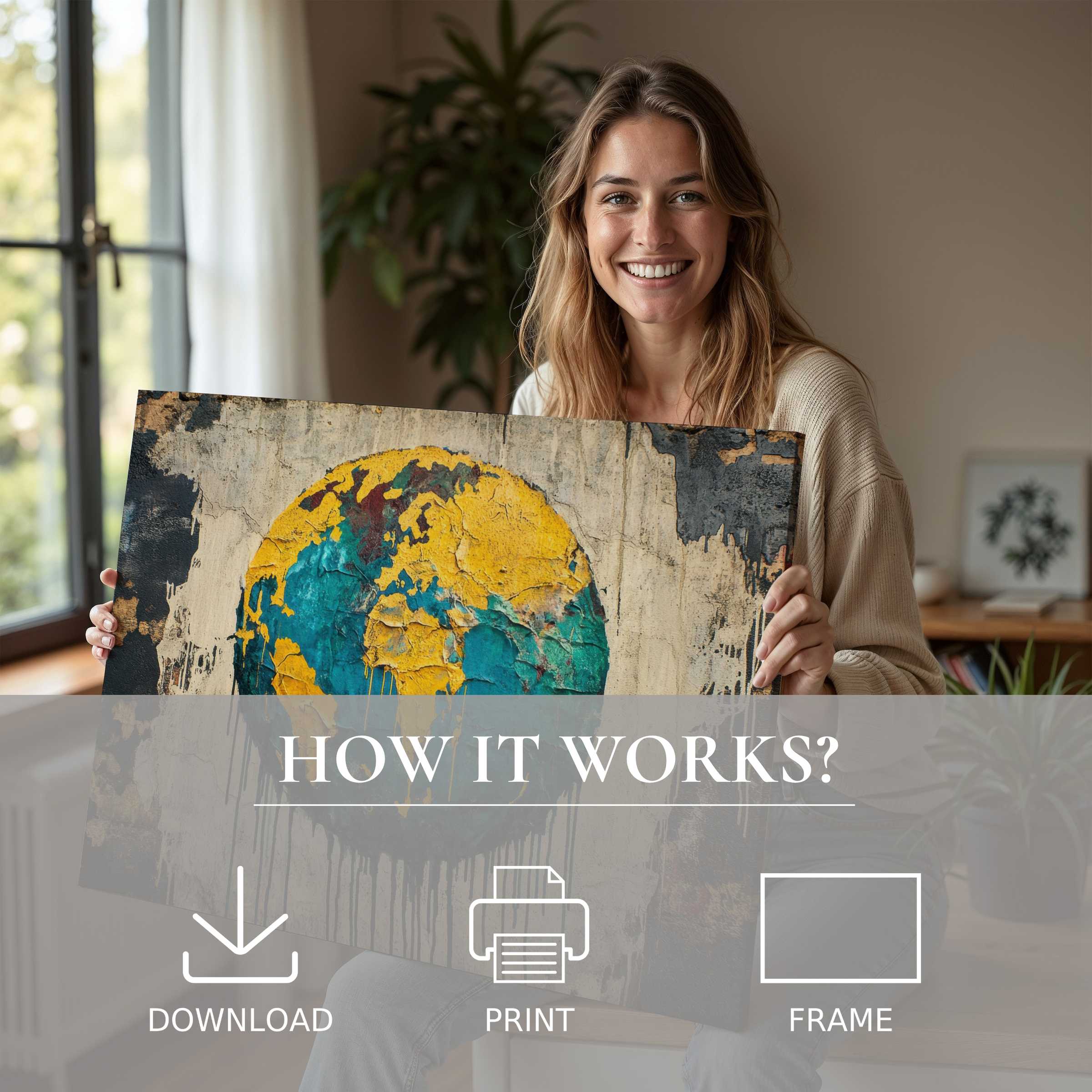 Woman in a serene modern living room joyfully sharing vibrant street art digital art print, embracing effortless style and soulful connection