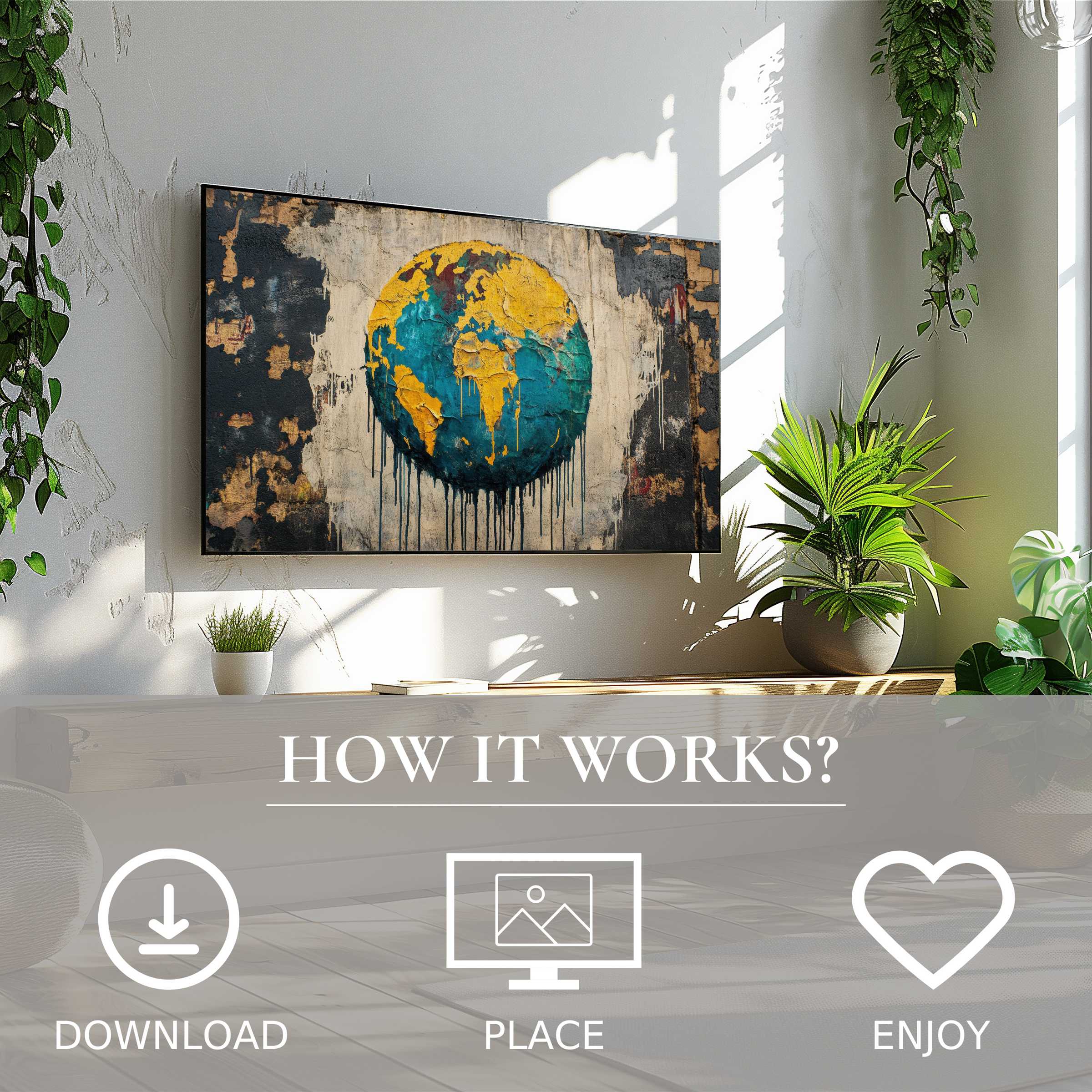Bright living room with street art for Samsung TV showing textured globe motif, easy digital download enriches space