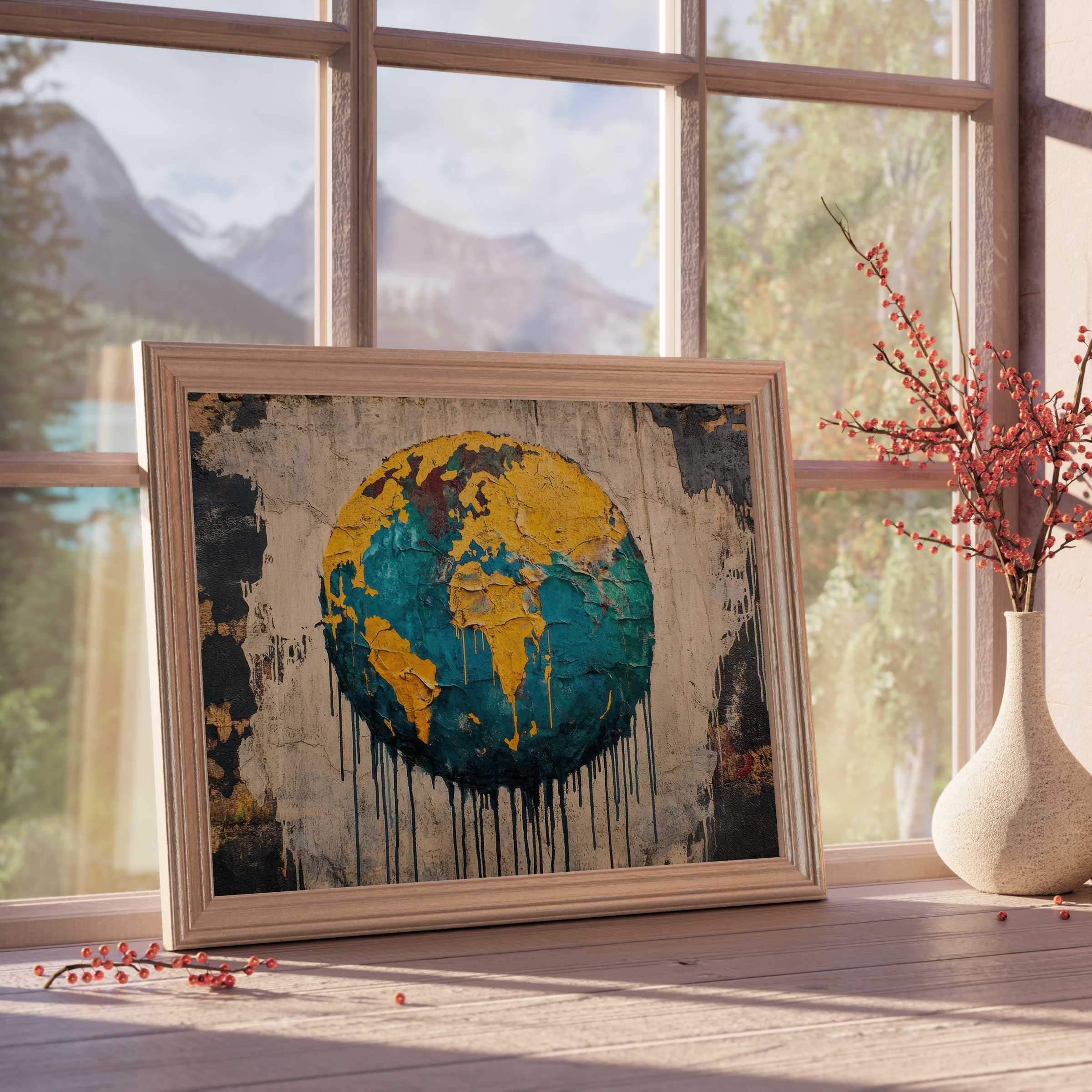 Street art downloadable art evoking global unity with vibrant teal and gold tones, enriching serene, curated modern interiors
