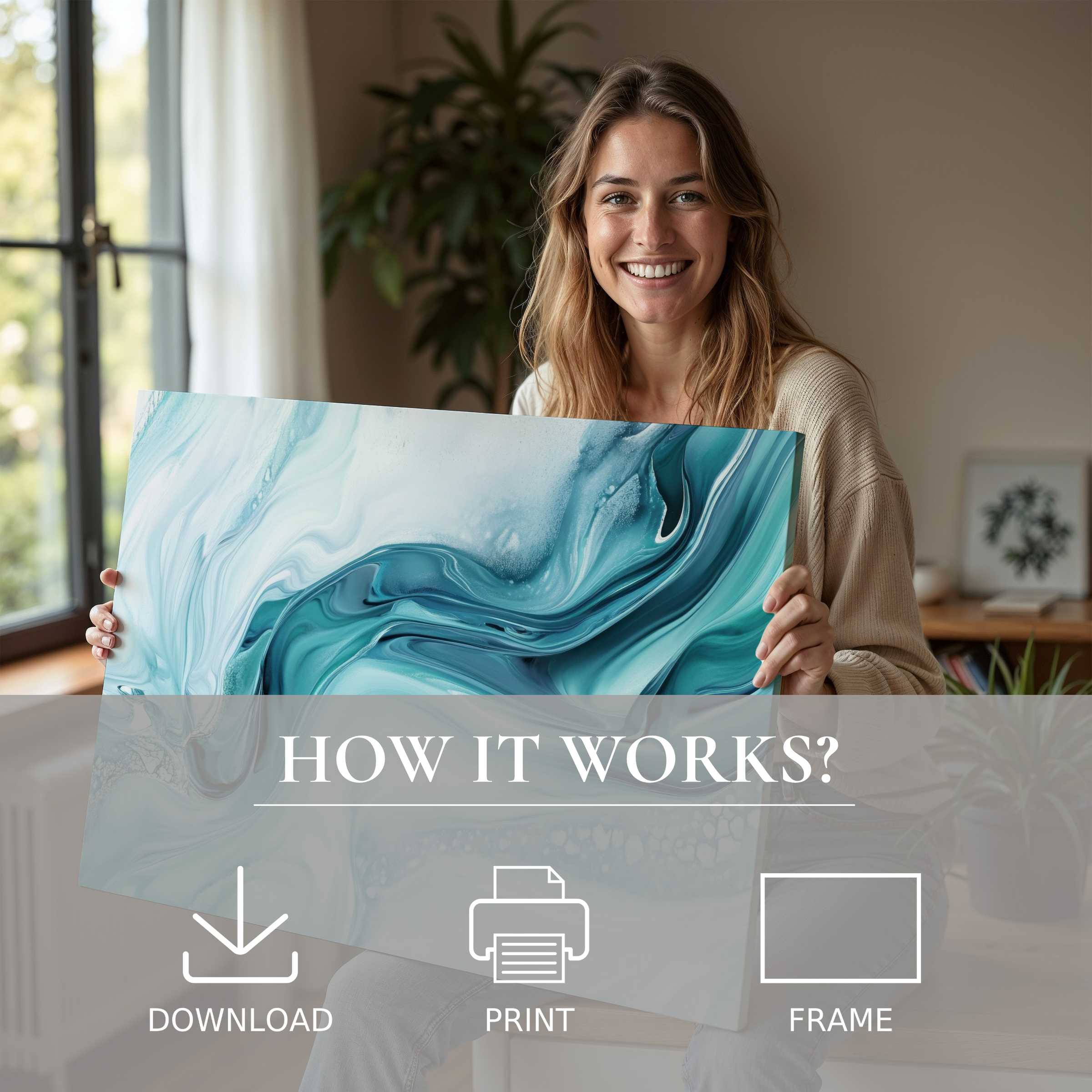 Radiant joy in a stylish home as a modern digital art print with serene blues invites effortless elegance and connection