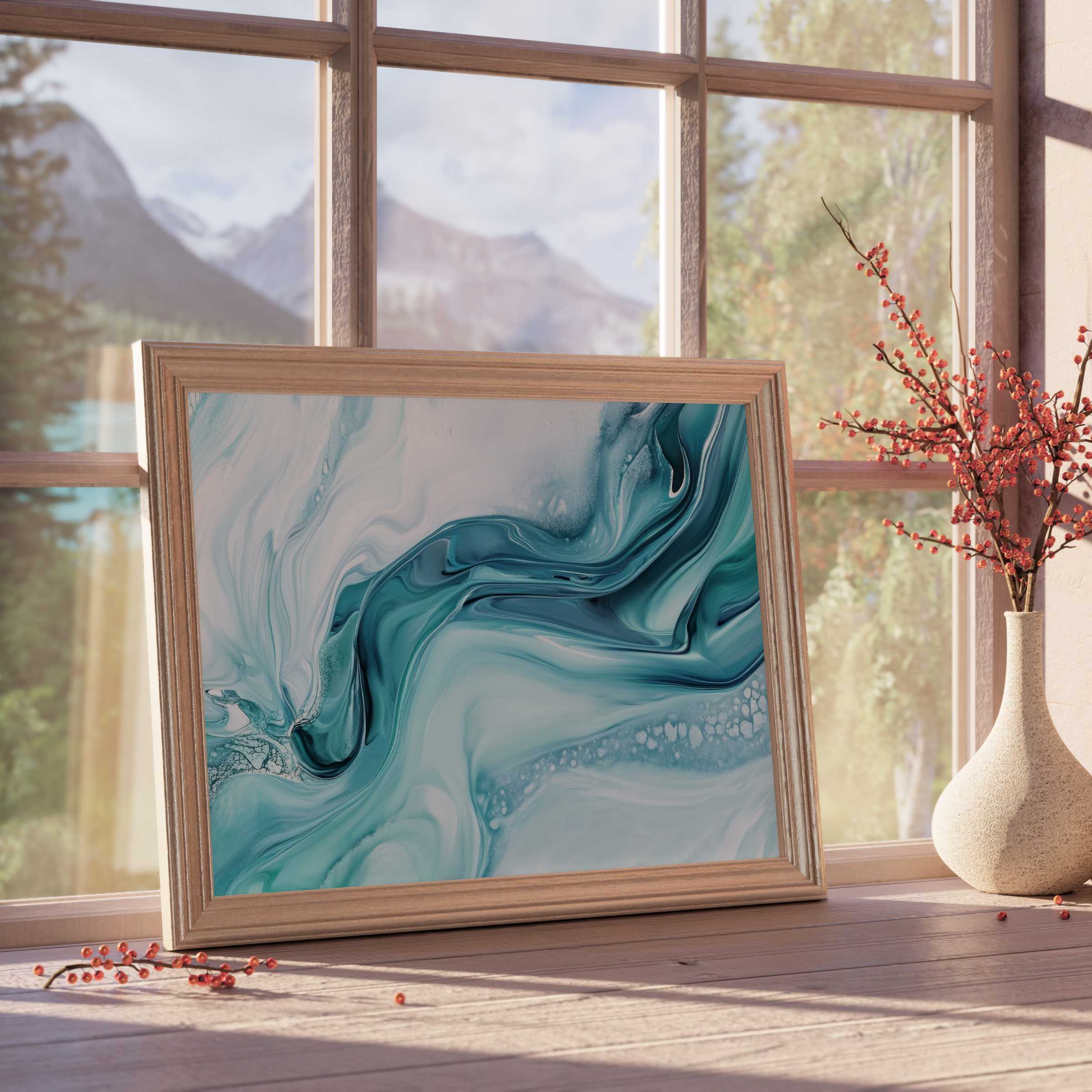 Modern downloadable art featuring fluid teal and aqua waves, perfect for elevating serene, design-forward interiors with natural charm