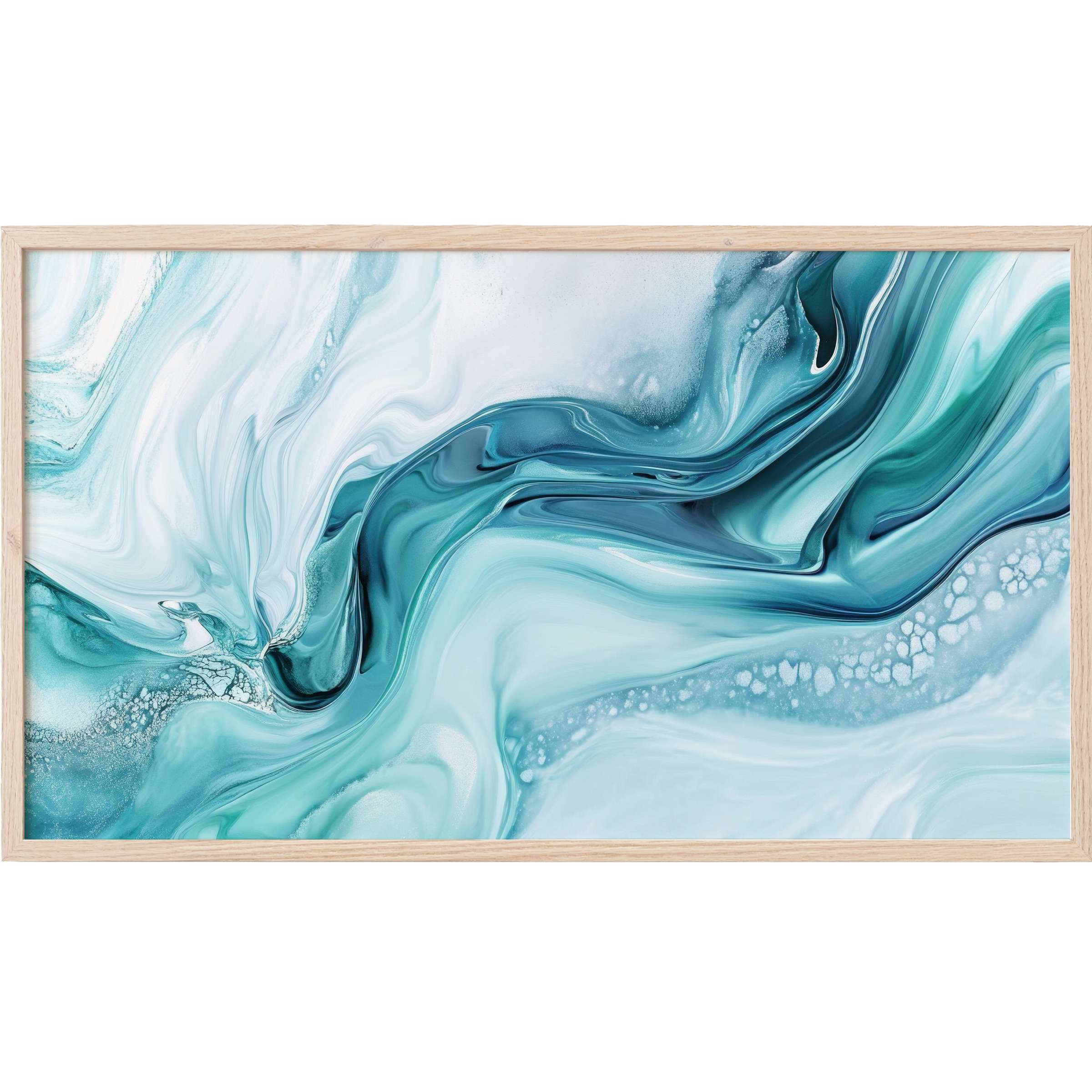 Liquid swirl in teal and white hues with textured details, showcased in a sleek wooden frame, modern Frame TV Art