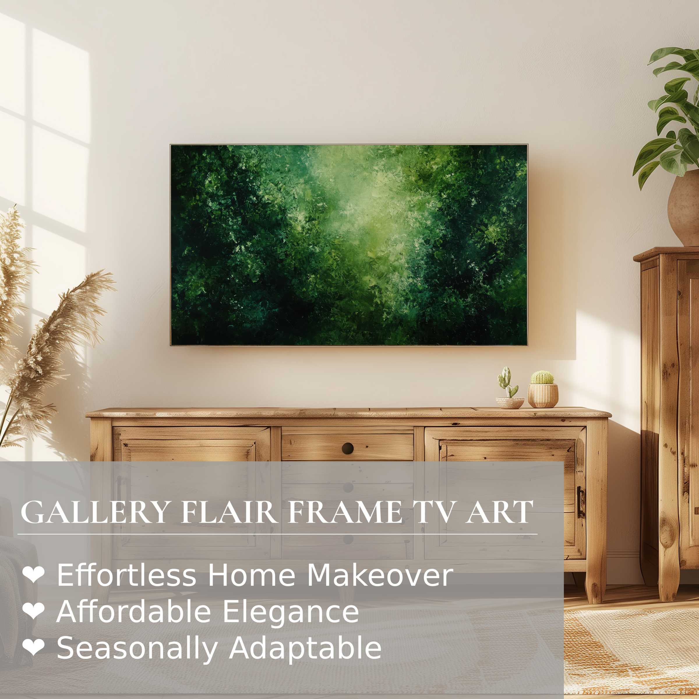 Samsung Frame TV displaying green abstract digital artwork in a sunlit, elegant living room with natural wood decor