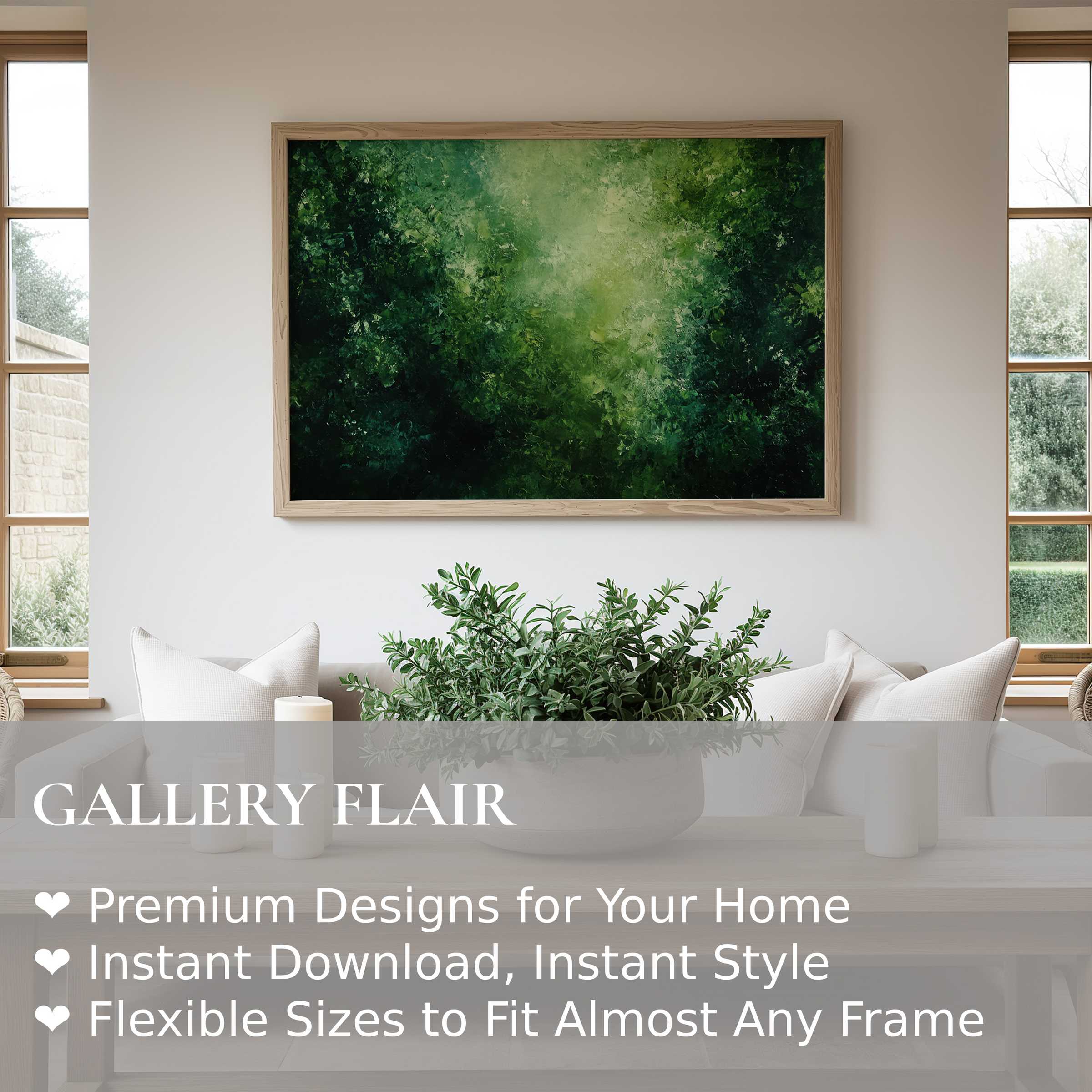 Abstract wall art print in deep green hues radiates a serene, lush vibe, elevating modern minimalist interiors with organic elegance and calming allure