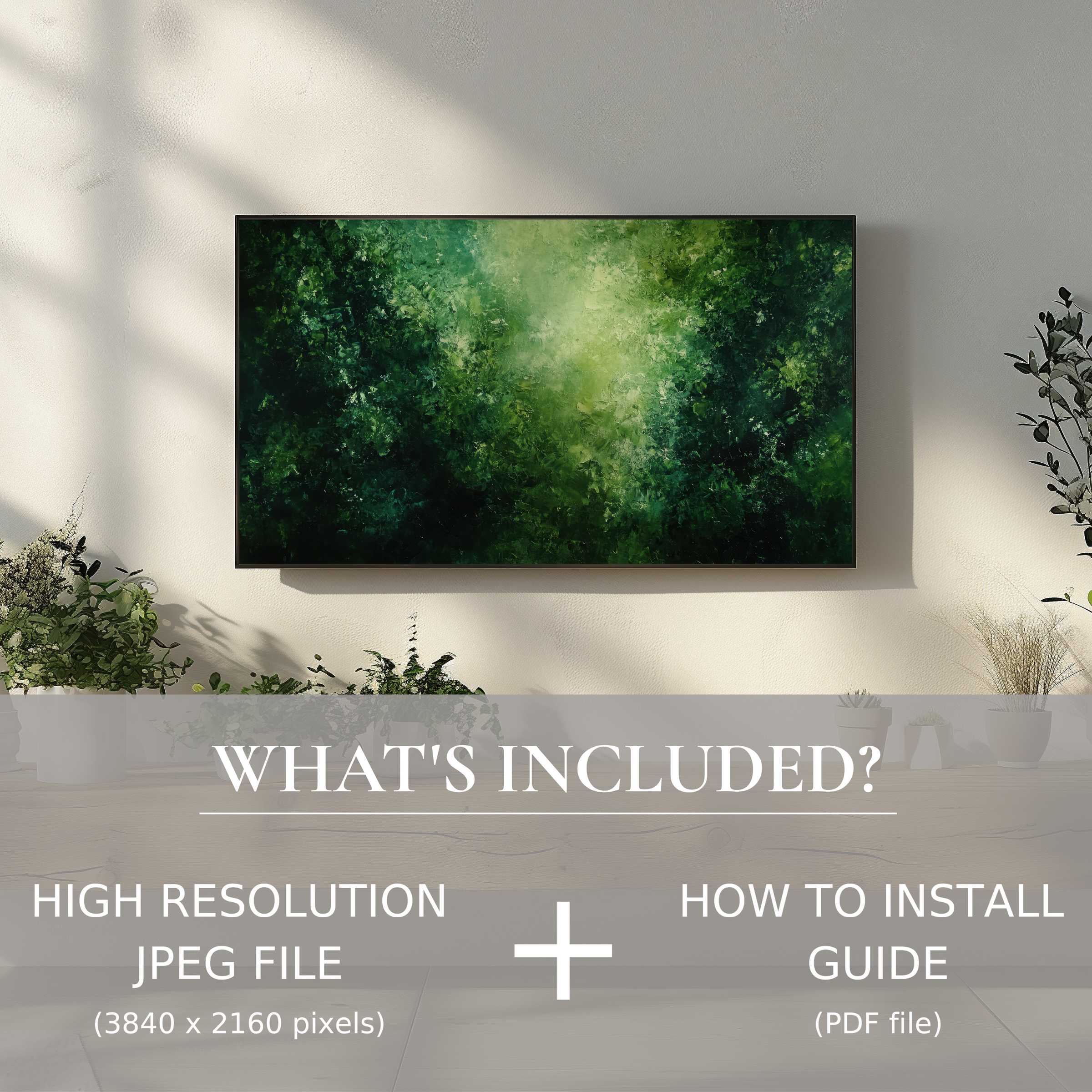 Elegant living room with abstract digital TV art download, easy to use and transforms your space instantly