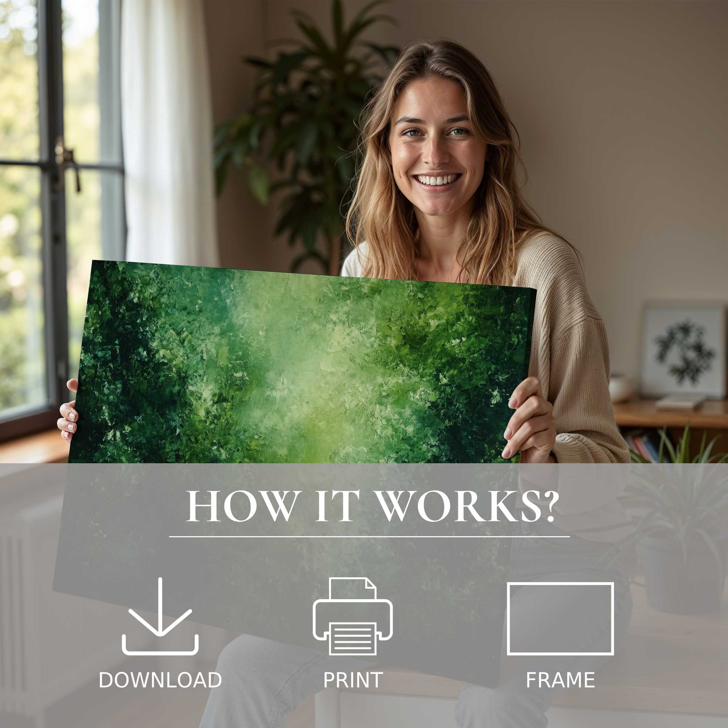Radiating warmth and joy, a serene moment unfolds as a modern home is brightened by an abstract digital art print in lush green hues