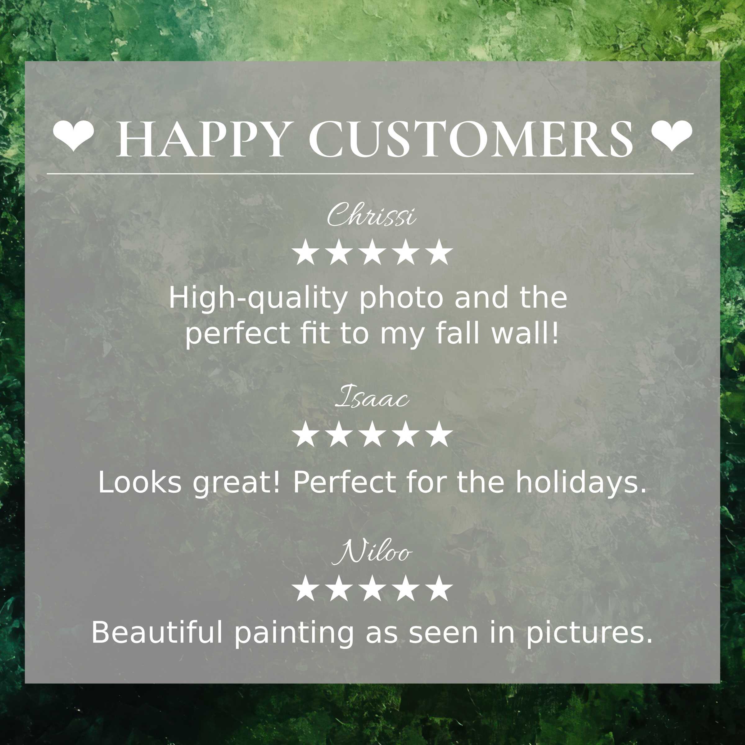 Elegant abstract art for Frame TV in lush green hues, highlighting happy customer reviews that build trust and style