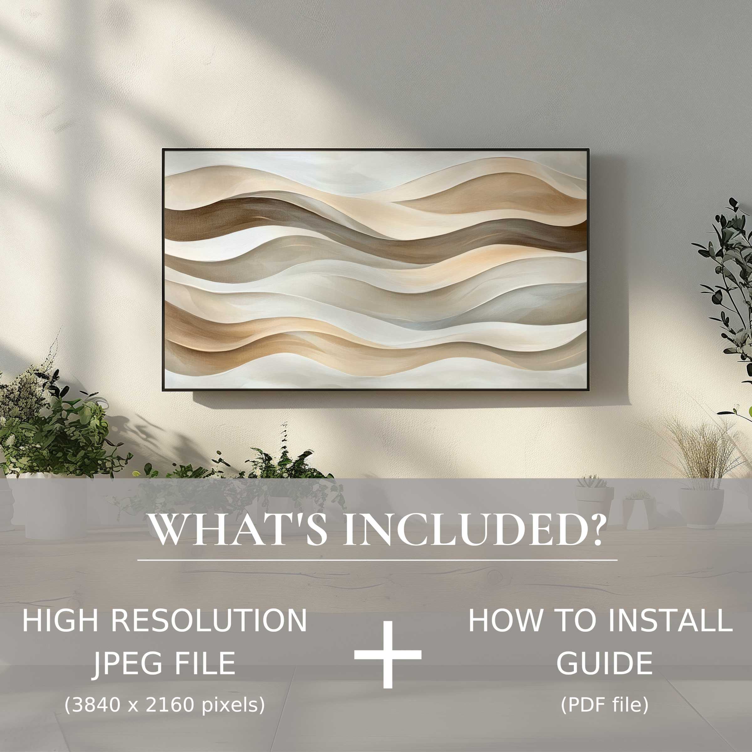 Elegant living room with neutral digital TV art download, easy to use and elevates modern home decor style