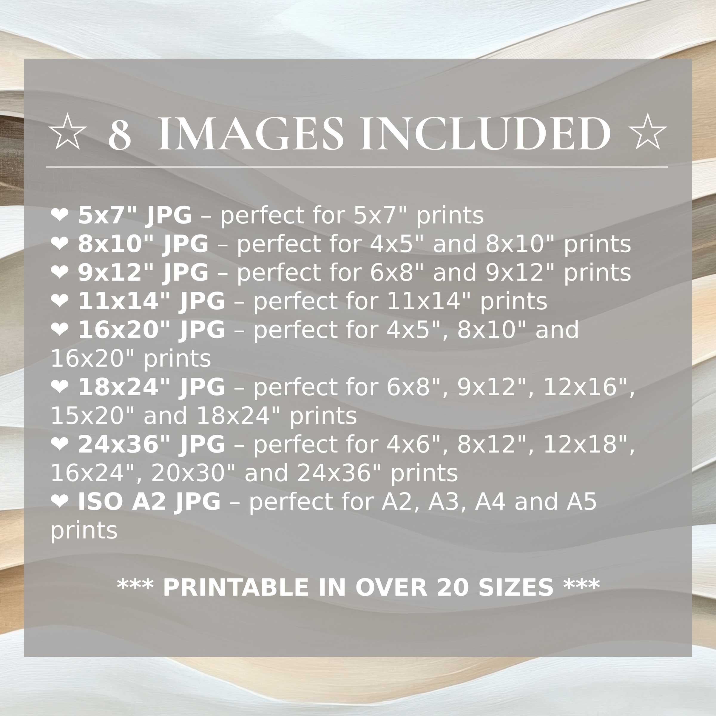 Neutral digital print with soft beige, warm taupe, and crisp white tones evokes calming elegance; includes 8 high-quality sizes for versatile modern interior styling