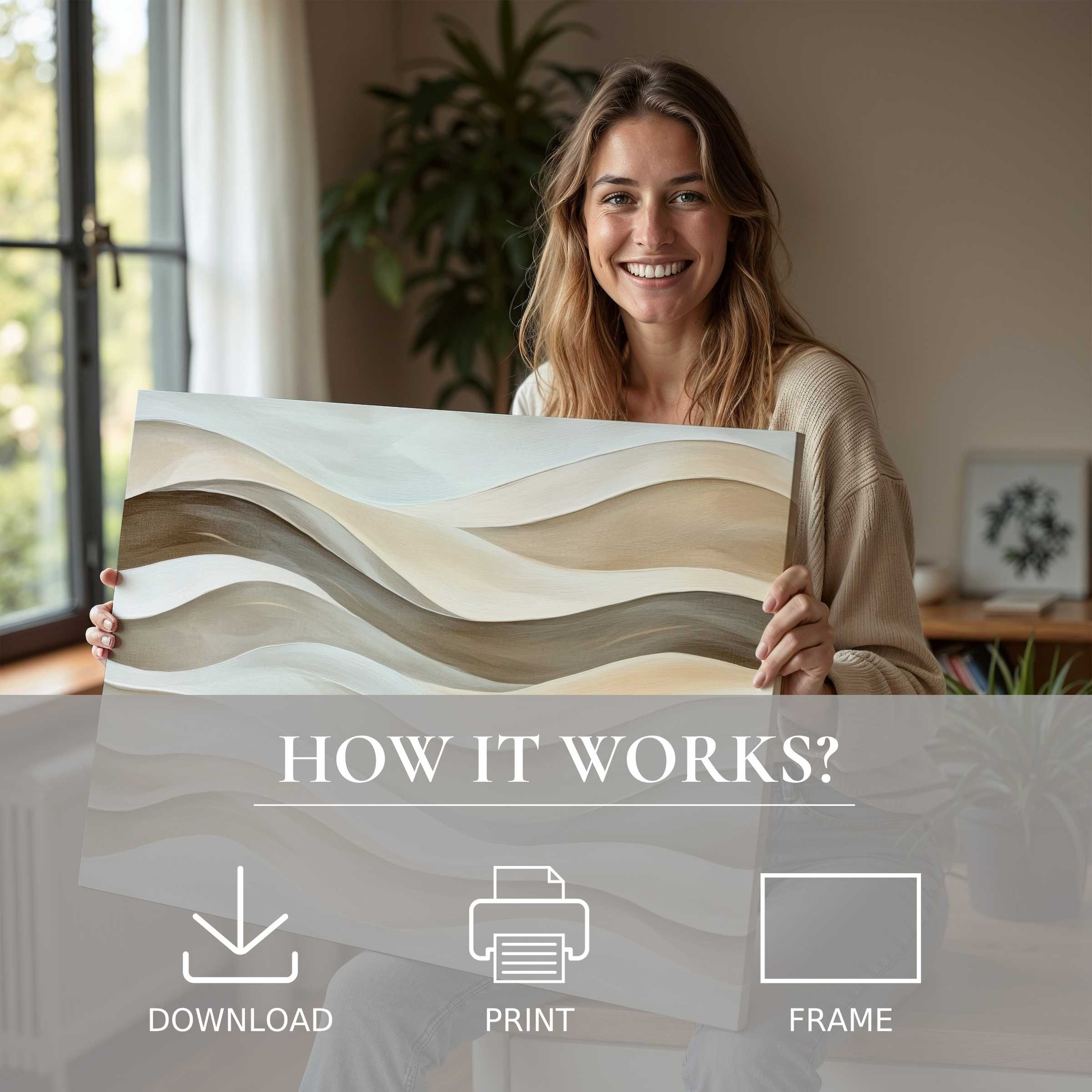Elegant neutral digital art print radiates calm waves in a stylish home, inspiring joy and effortless living with art