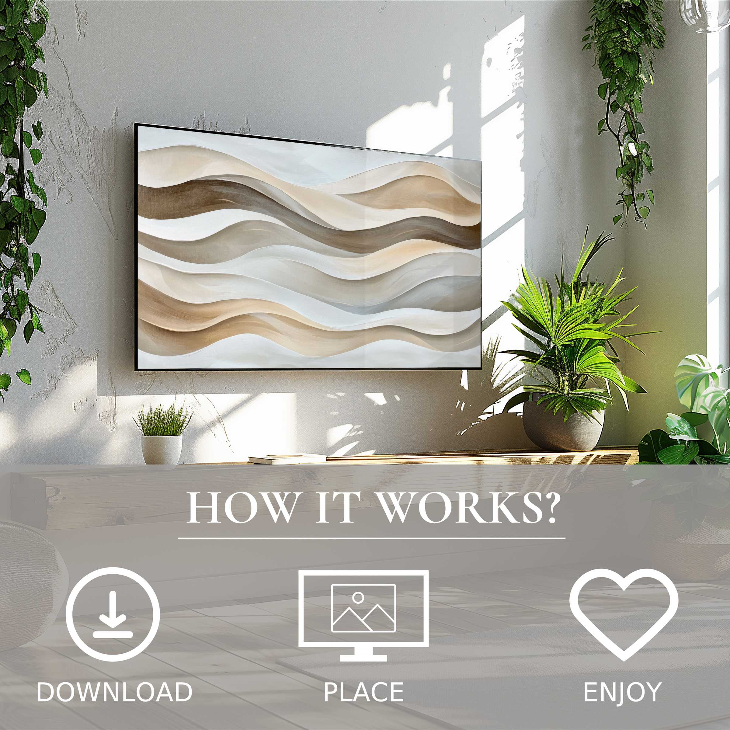 Neutral art for Samsung TV shows soft brown waves, easy digital download, enhancing modern, serene living spaces