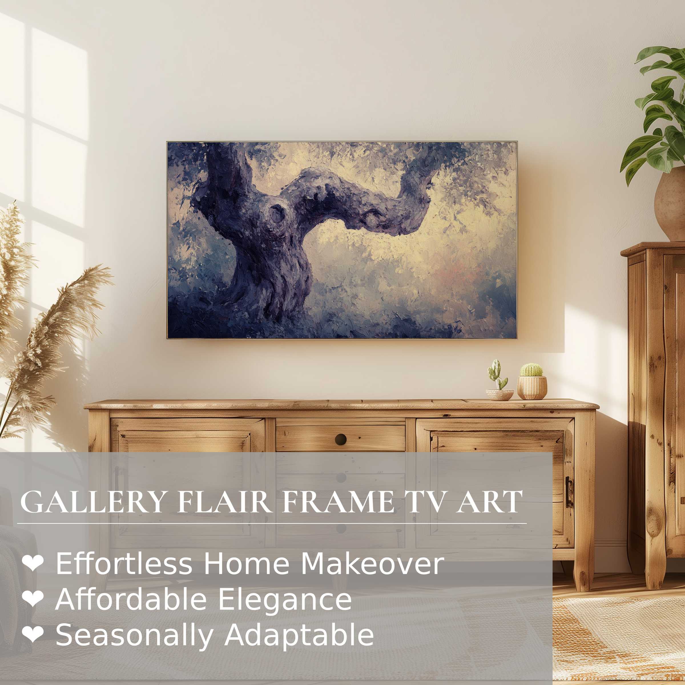 Samsung Frame TV showcasing moody tree digital artwork in a warm, modern living space with natural wood tones