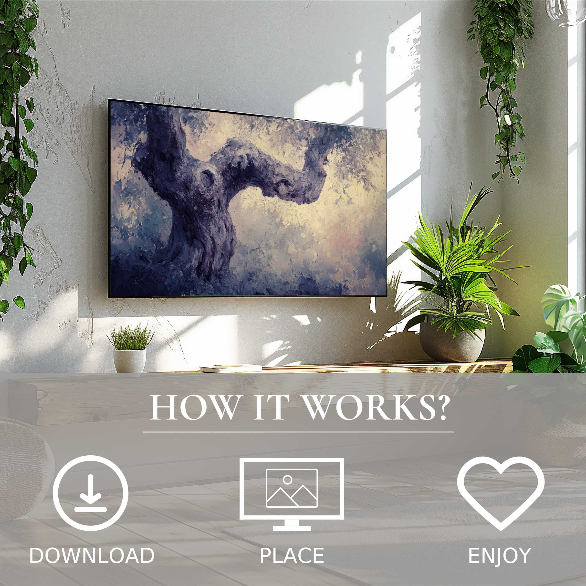Modern living room with tree art for Samsung TV showing soft sunset tones; easy digital download enriches space