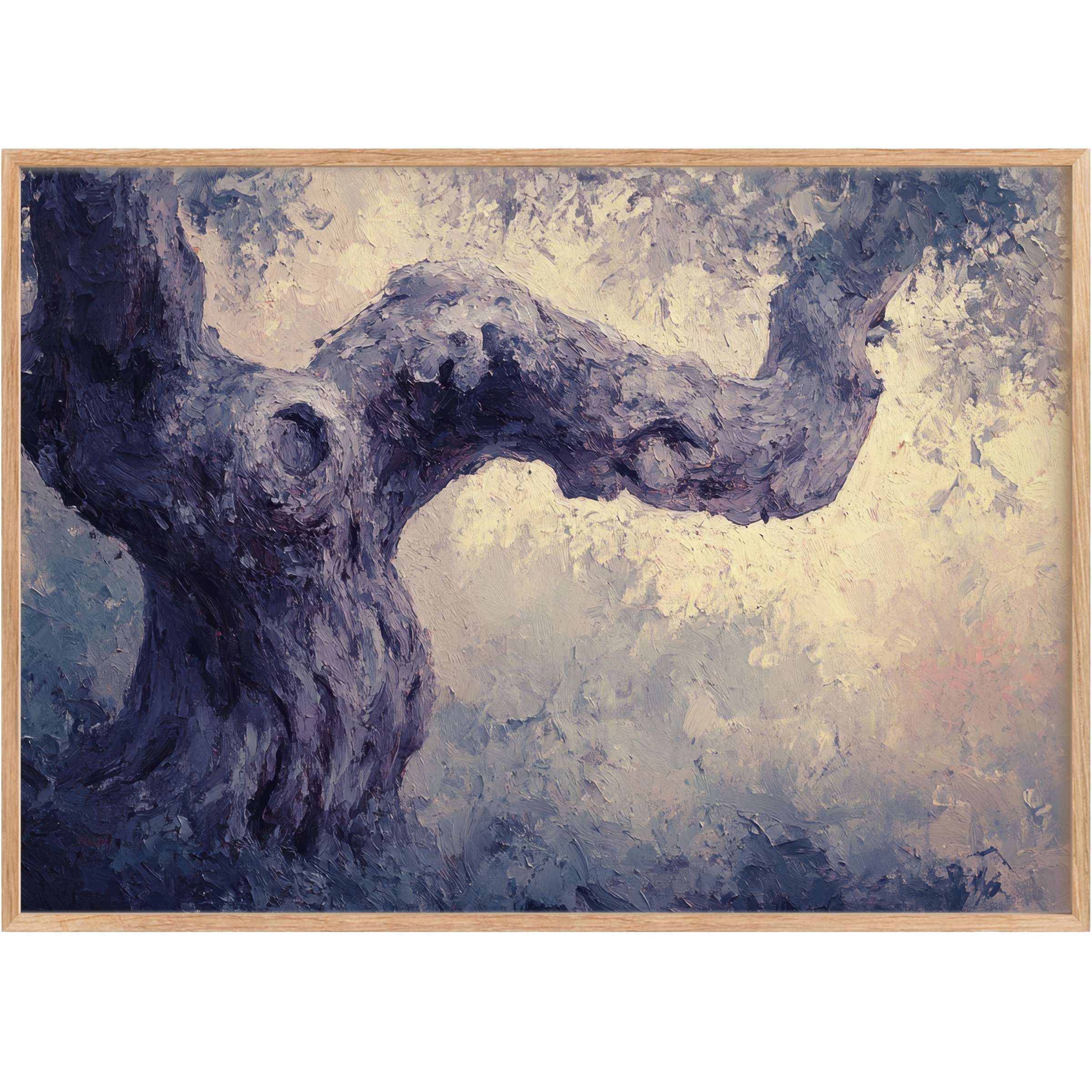Majestic tree printable wall art in deep indigo and soft lavender hues, evoking a serene and timeless ambiance for refined interiors