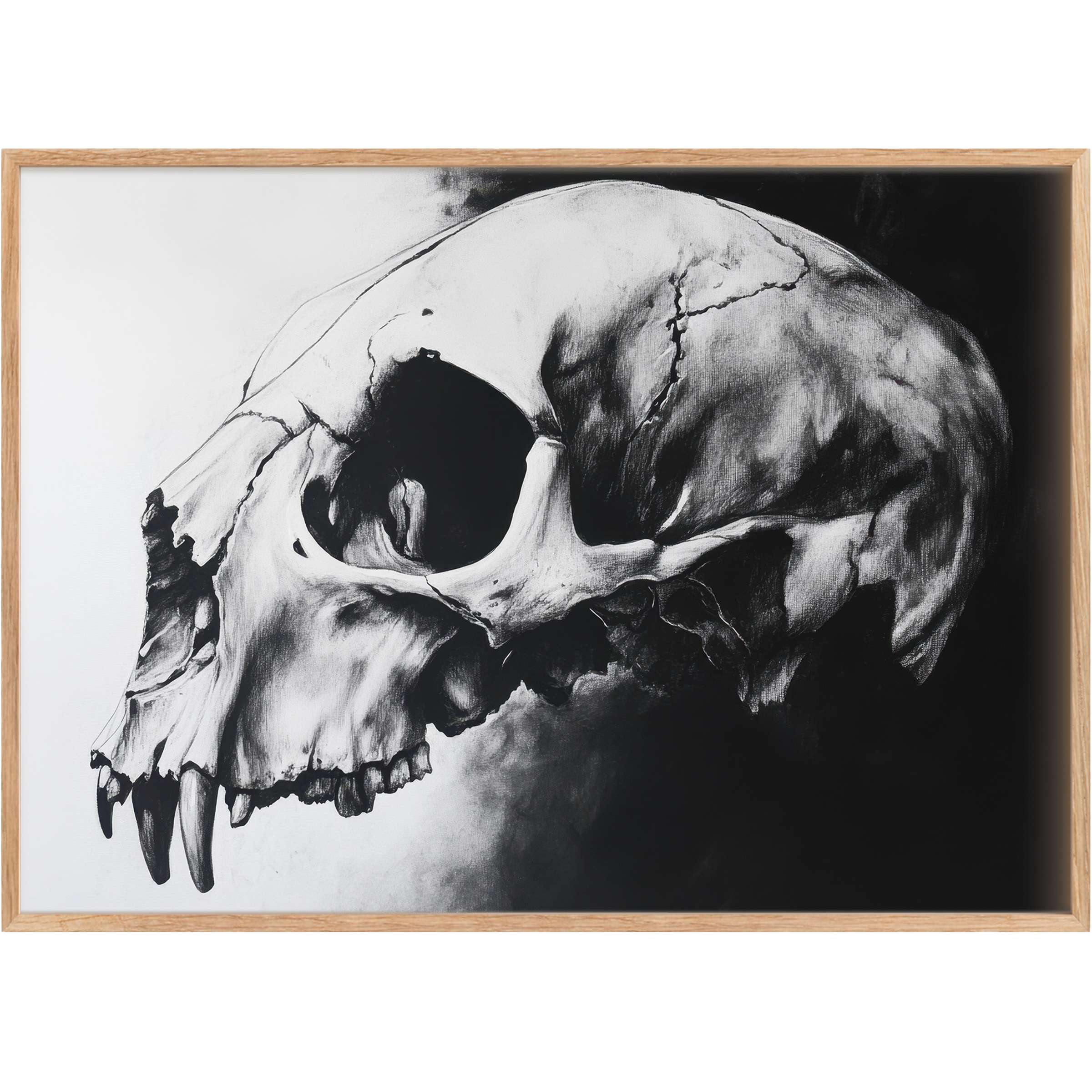 Striking black and white printable wall art featuring a detailed skull, evoking a bold, dramatic contrast that intensifies modern interiors