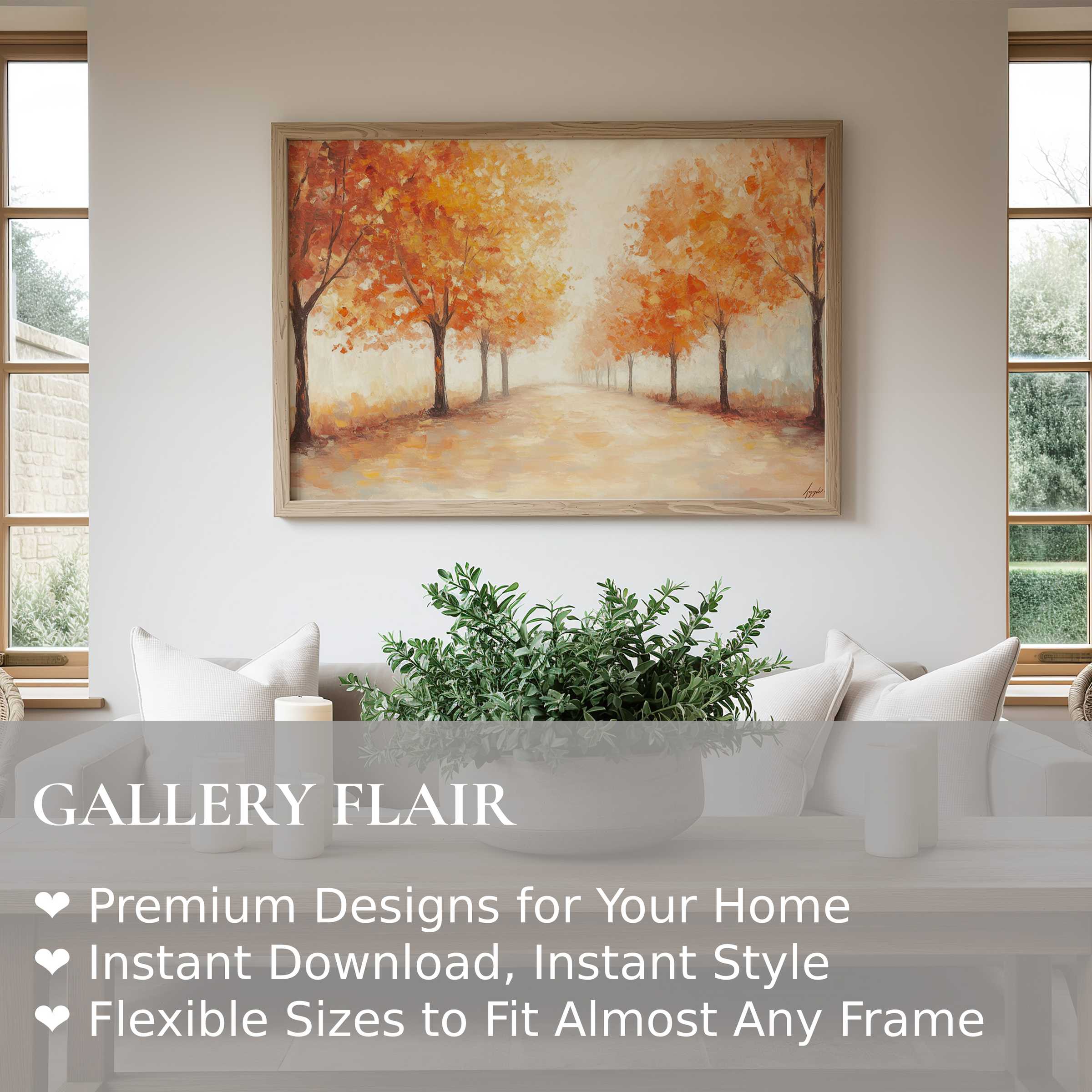 Radiant fall wall art print with warm amber and gold trees, enhancing modern minimalist interiors with serene seasonal elegance