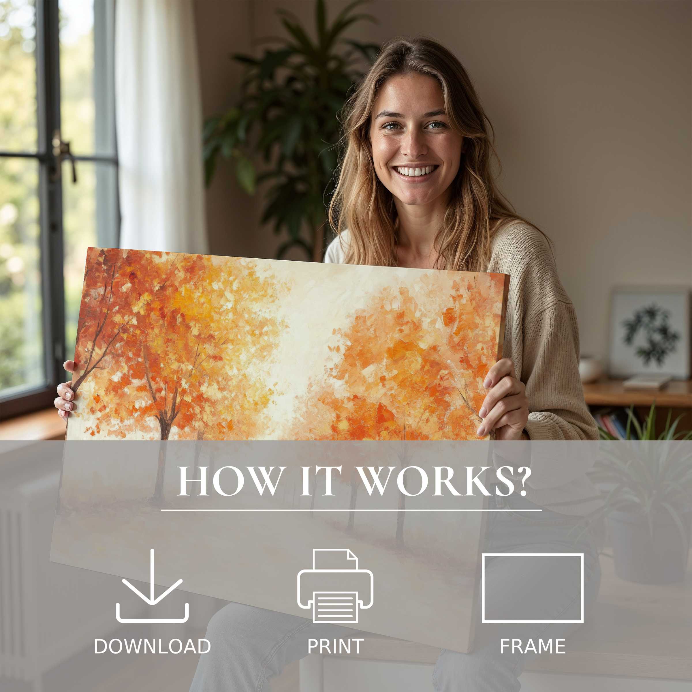 Bright fall digital art print embraced in a modern home, evoking warmth and effortless elegance in living with art